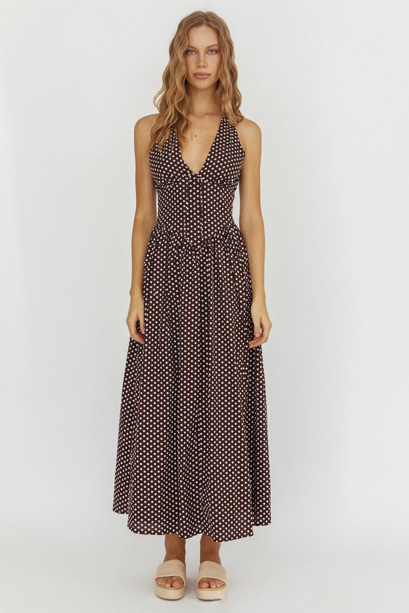 Clarette Basque Waist Open Back Maxi Dress Spotted Chocolate