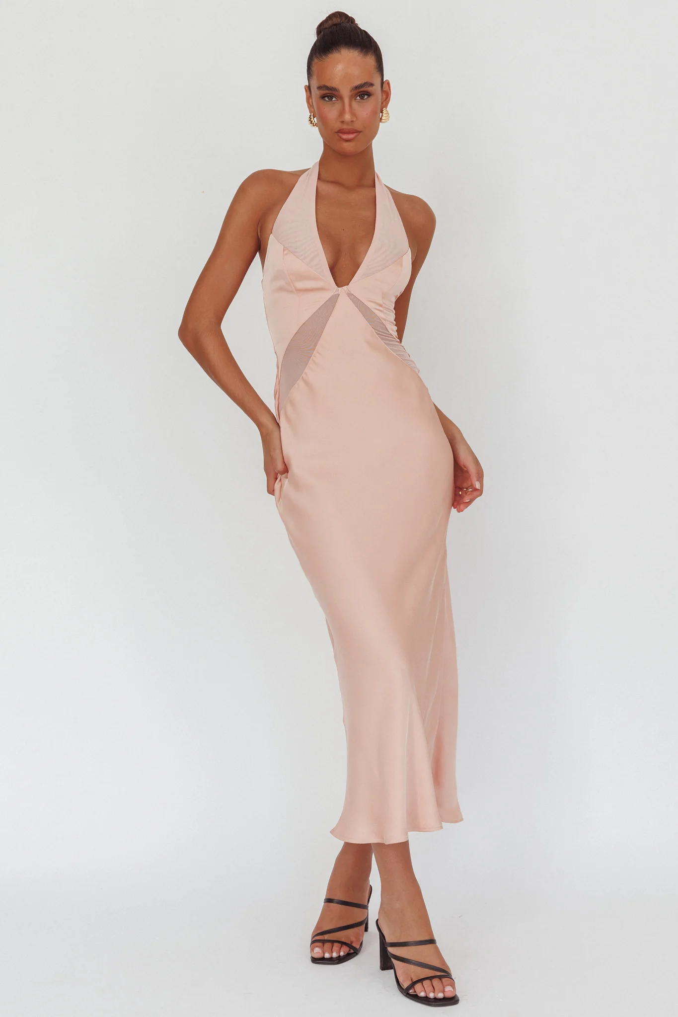 Kasi Sheer Panel Halter Maxi Dress Rose