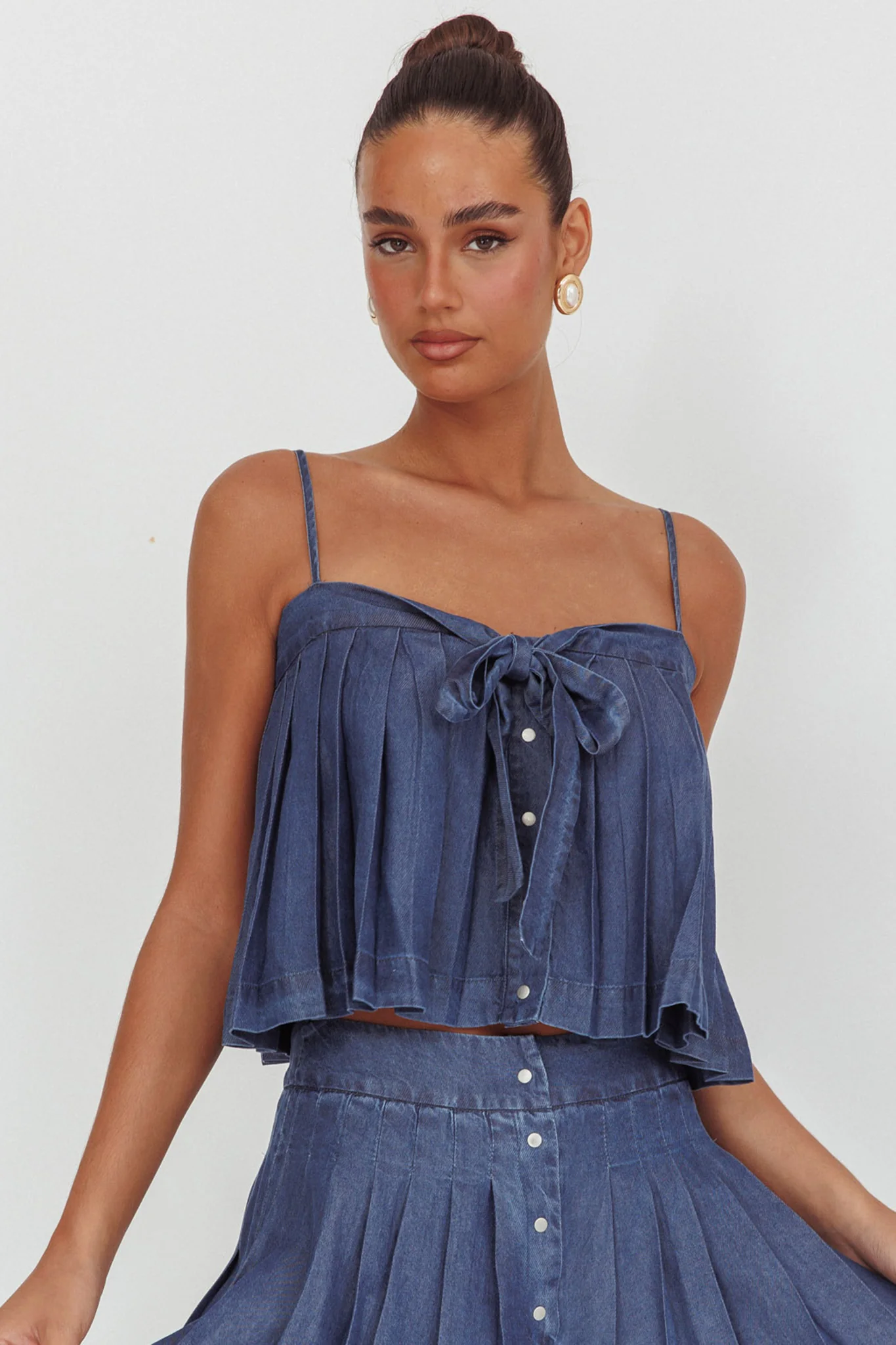 Country Girl Pleated Tie Top Dark Denim