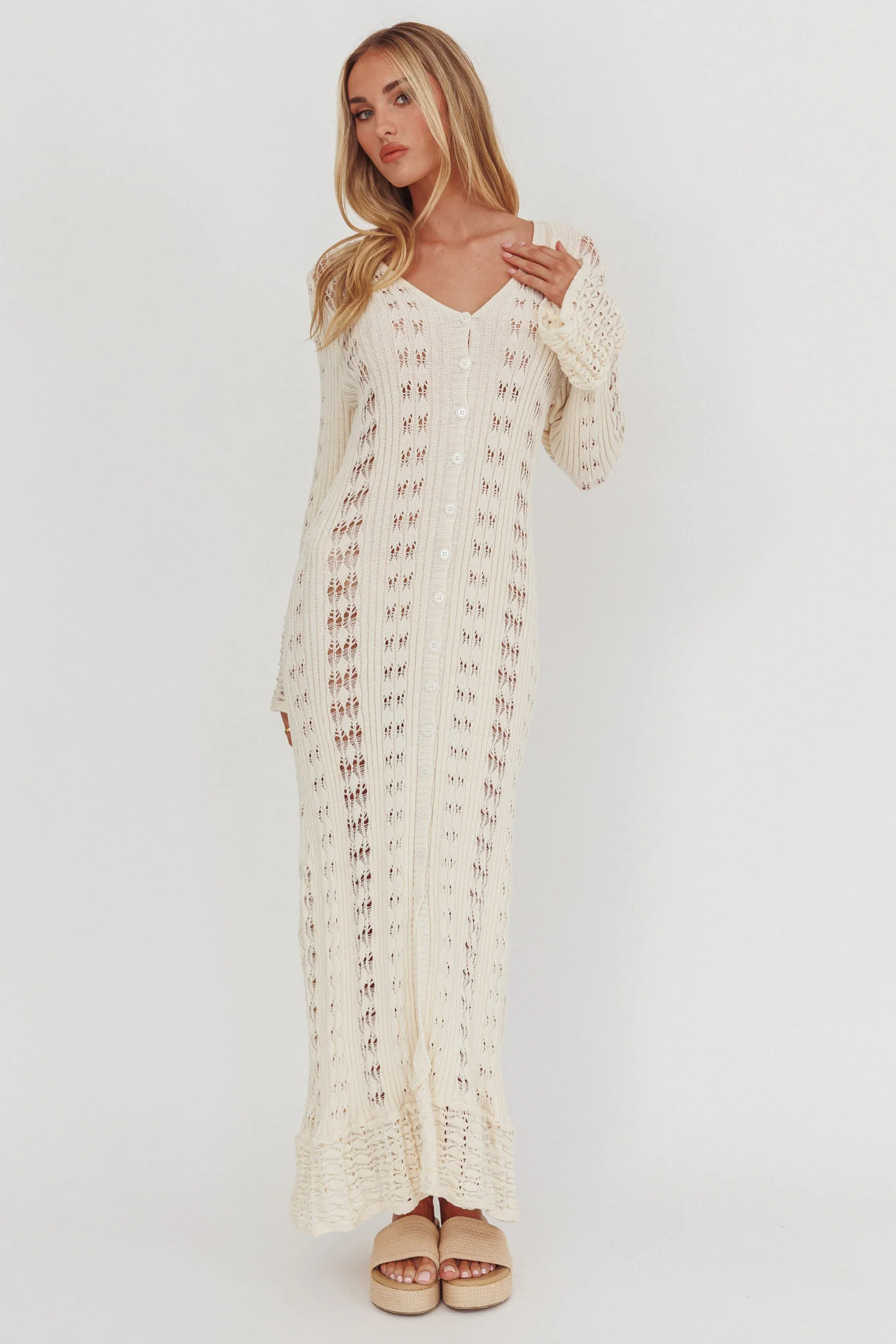 Portside Long Sleeve Knit Maxi Dress Cream