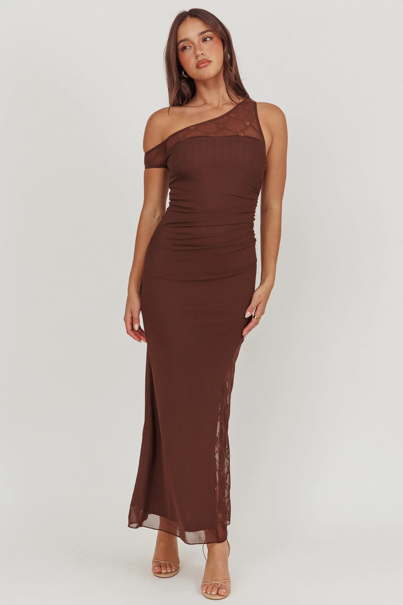 Sher One-Shoulder Lace Panel Maxi Dress Chocolate