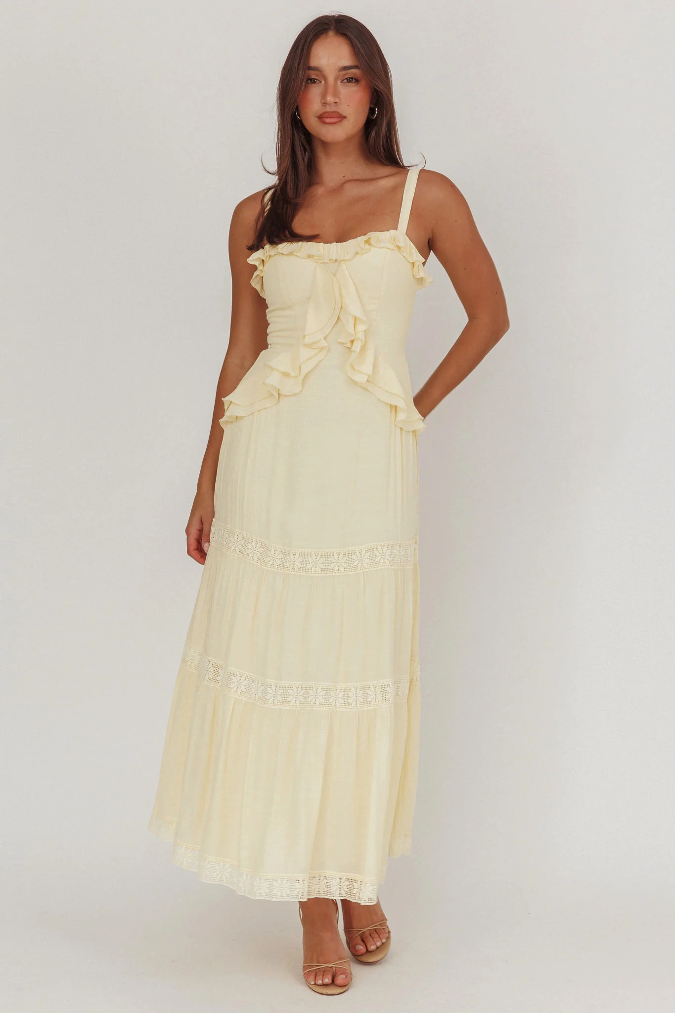 Vienna Sky Frill And Crochet Trim Maxi Dress Cream