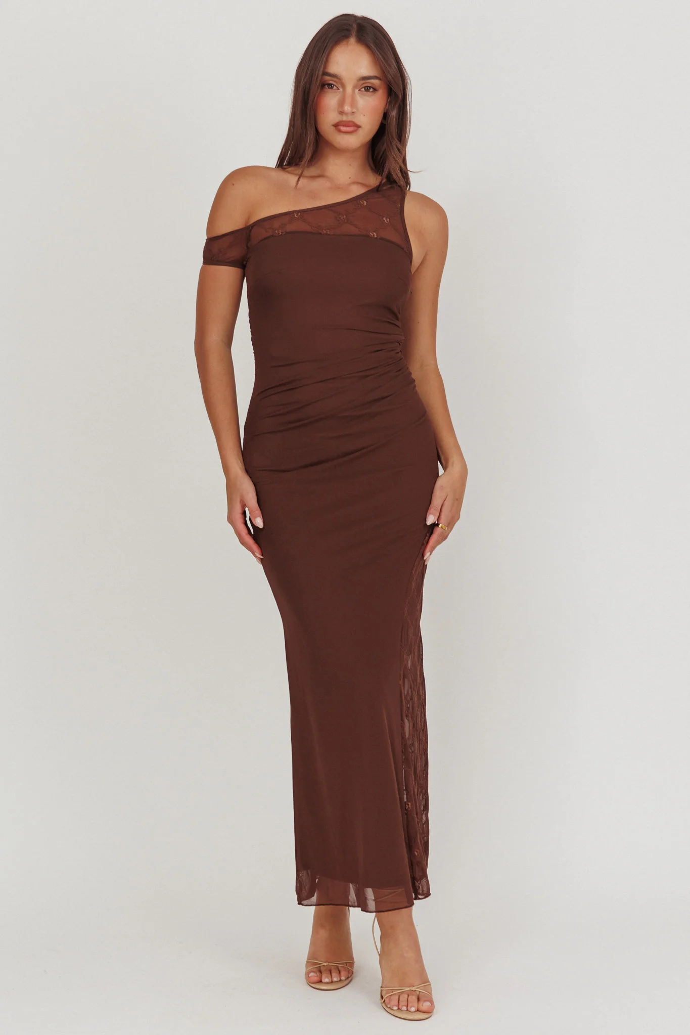 Sher One-Shoulder Lace Panel Maxi Dress Chocolate