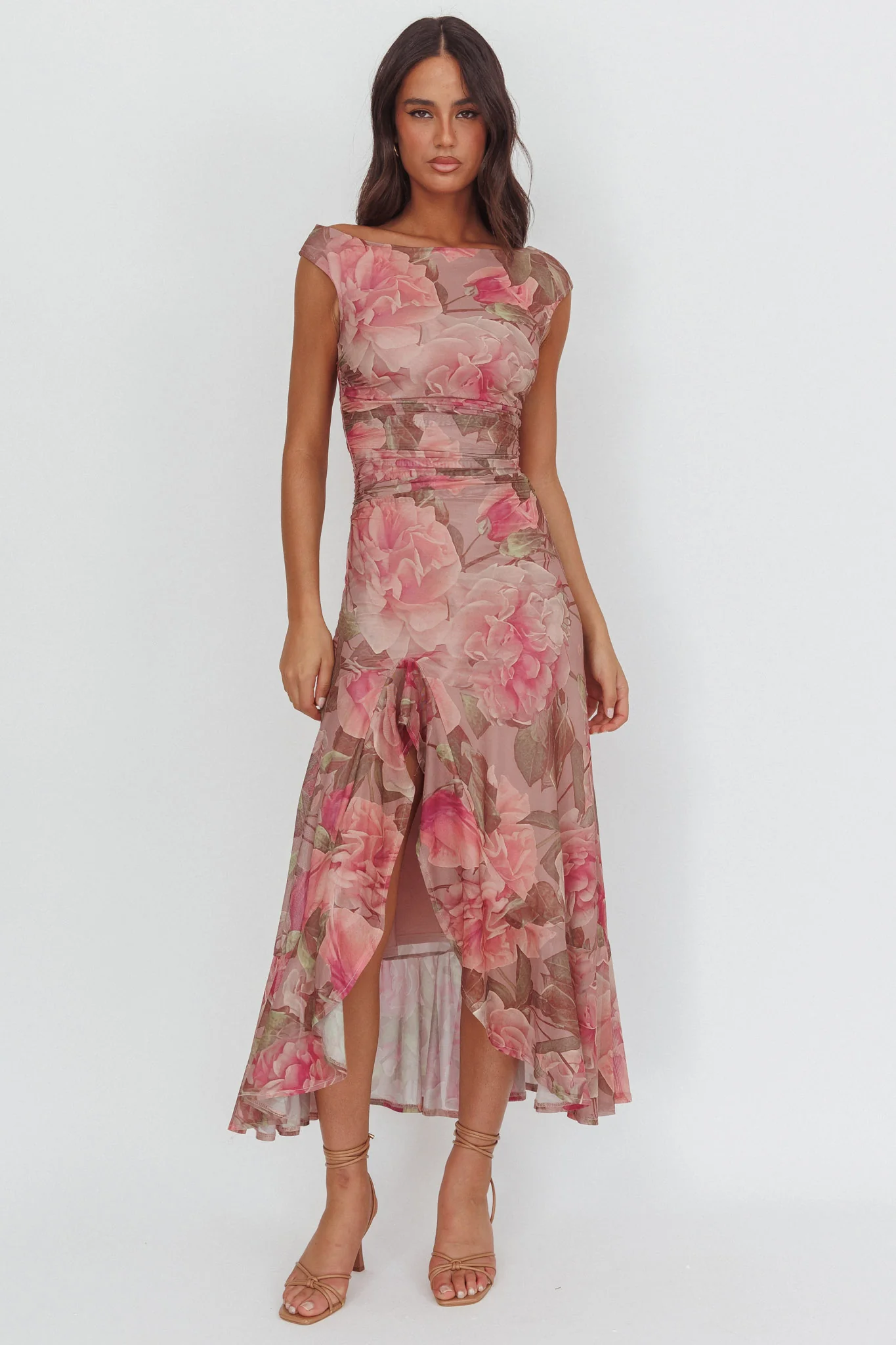 Moonlit Magic Asymmetric Neckline Maxi Dress Floral Blush