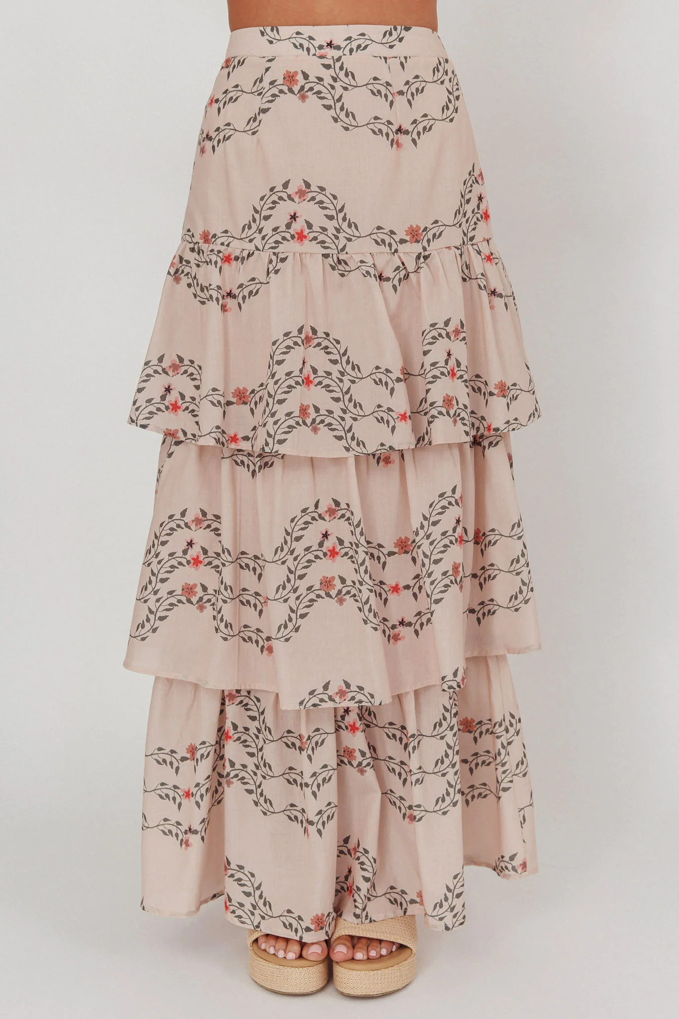 Ezmeralda Tiered Ruffle Maxi Skirt Floral Beige