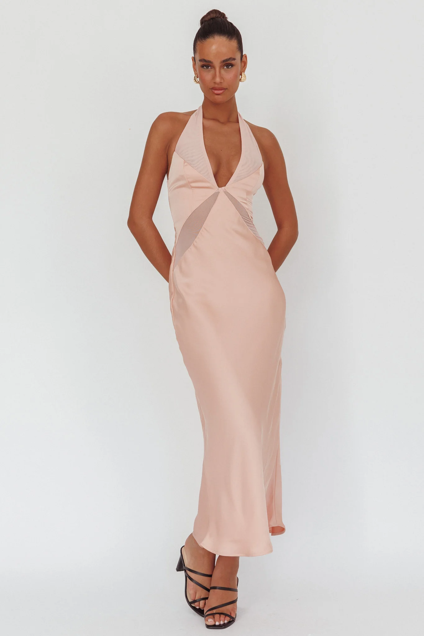 Kasi Sheer Panel Halter Maxi Dress Rose
