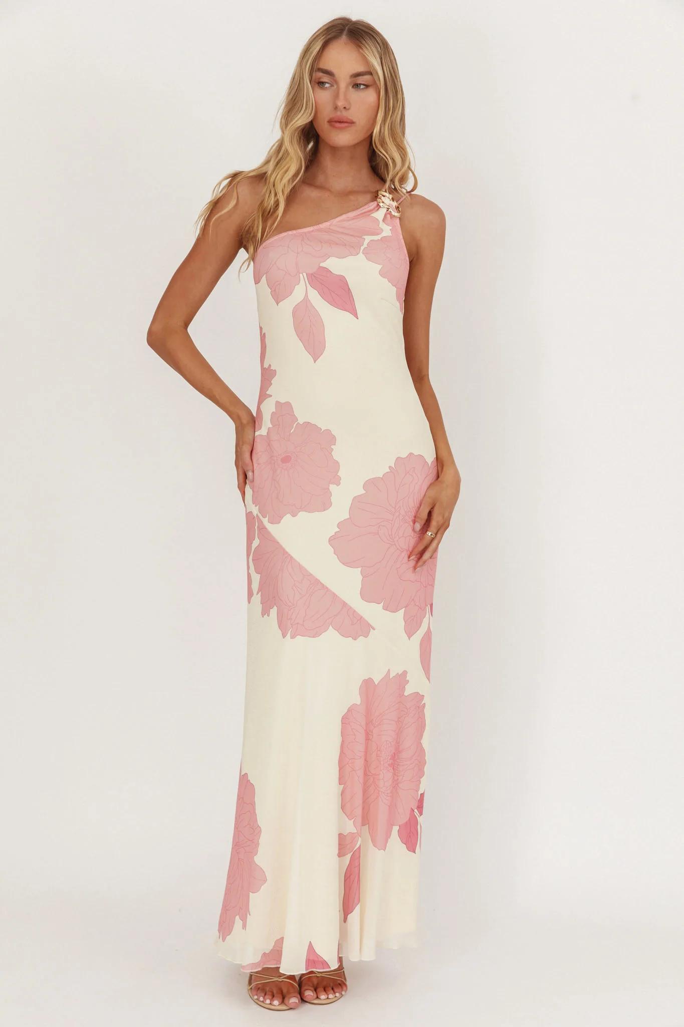 We Belong Together One-Shoulder Maxi Dress Floral Pink