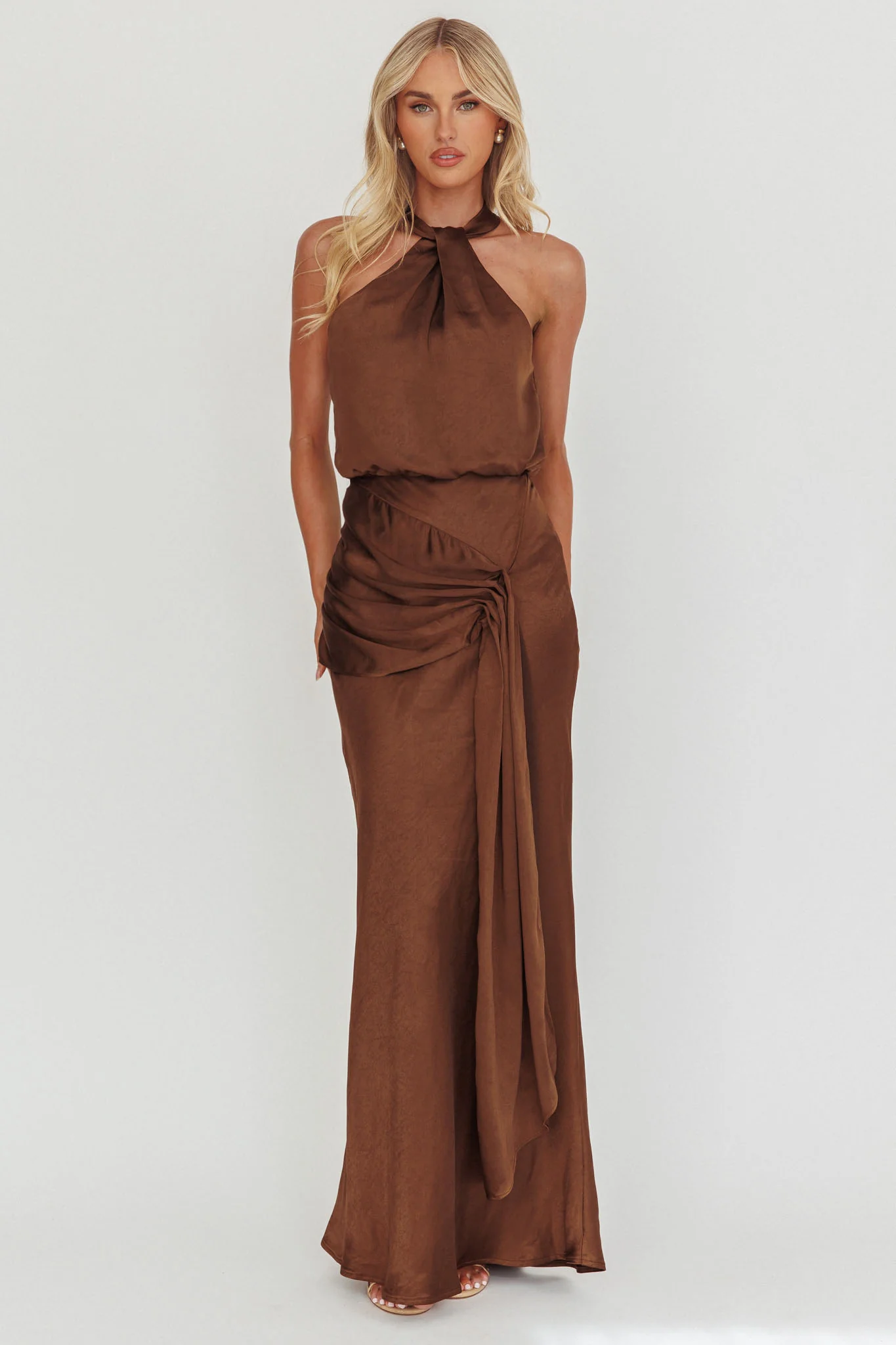 Linette Halterneck Draped Sash Maxi Dress Chocolate