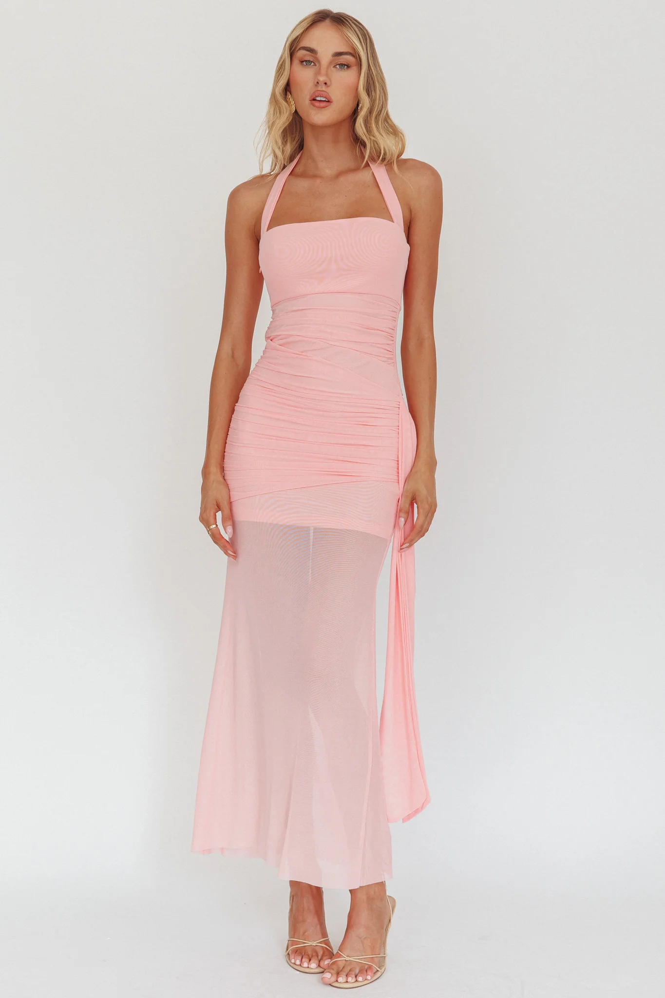 Rebekkah Halterneck Side Sash Maxi Dress Pink