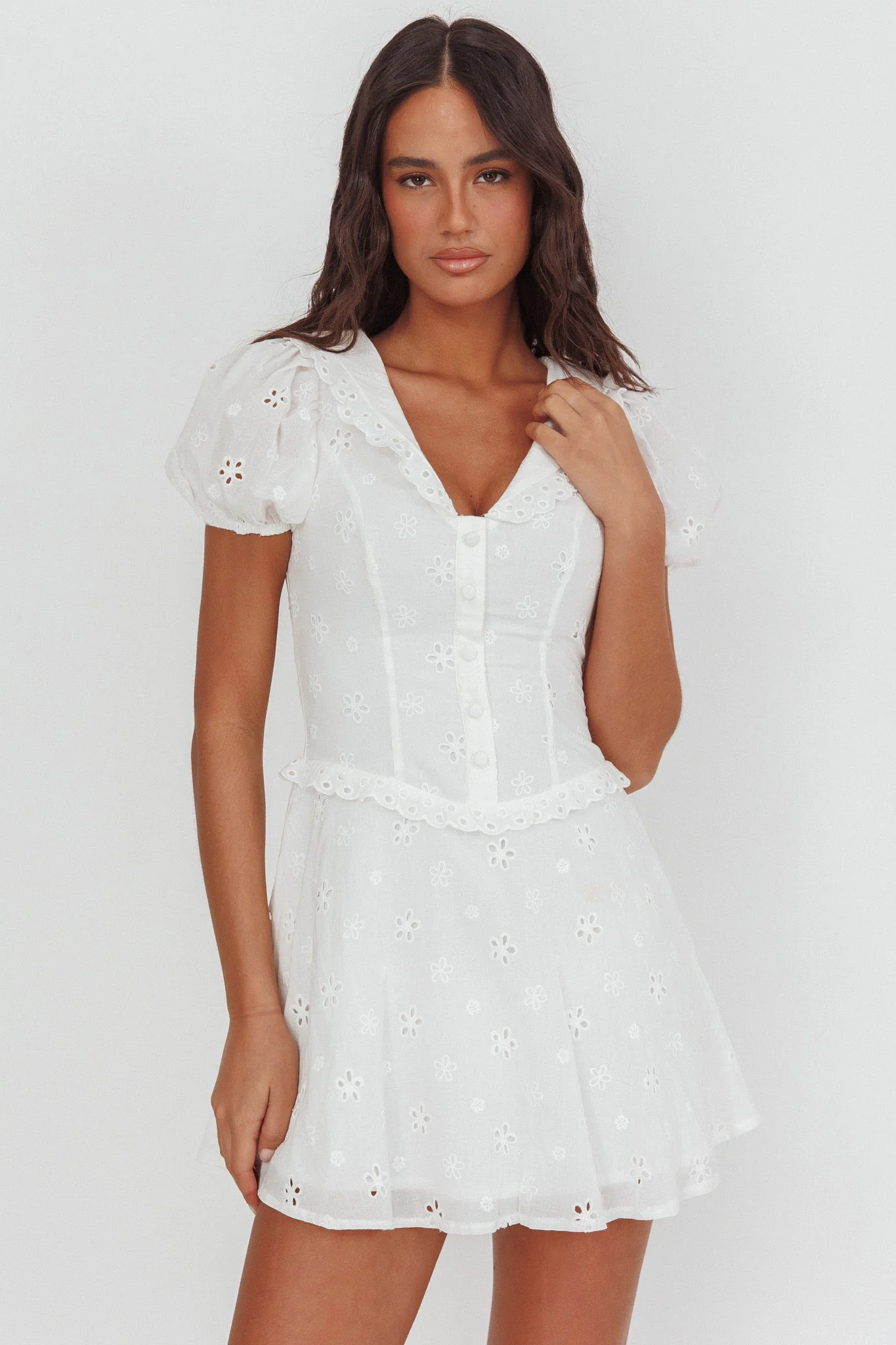 Aylin Collared Eyelet Mini Dress White