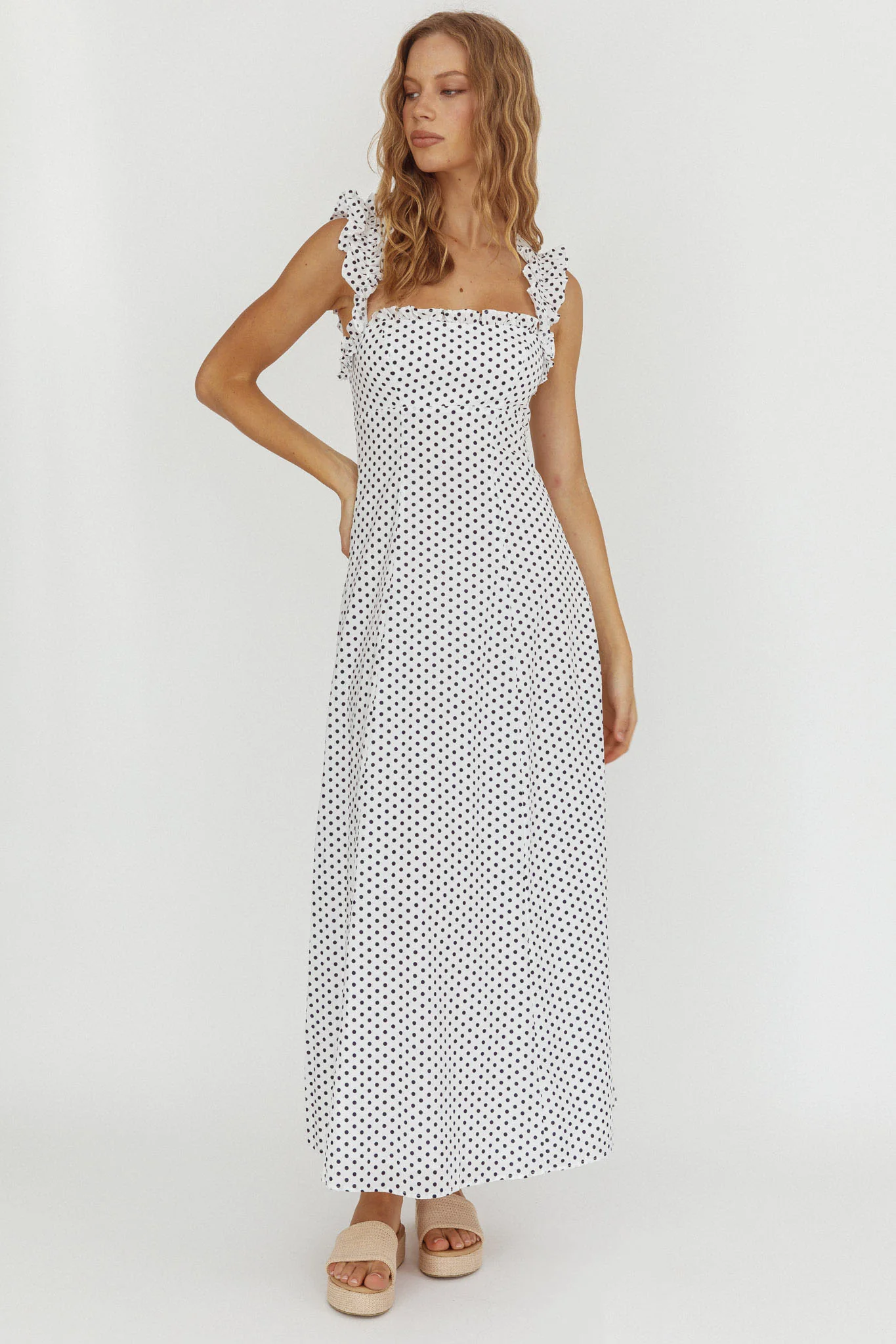 Warrior Sun Frill Strap Maxi Dress Navy Spot