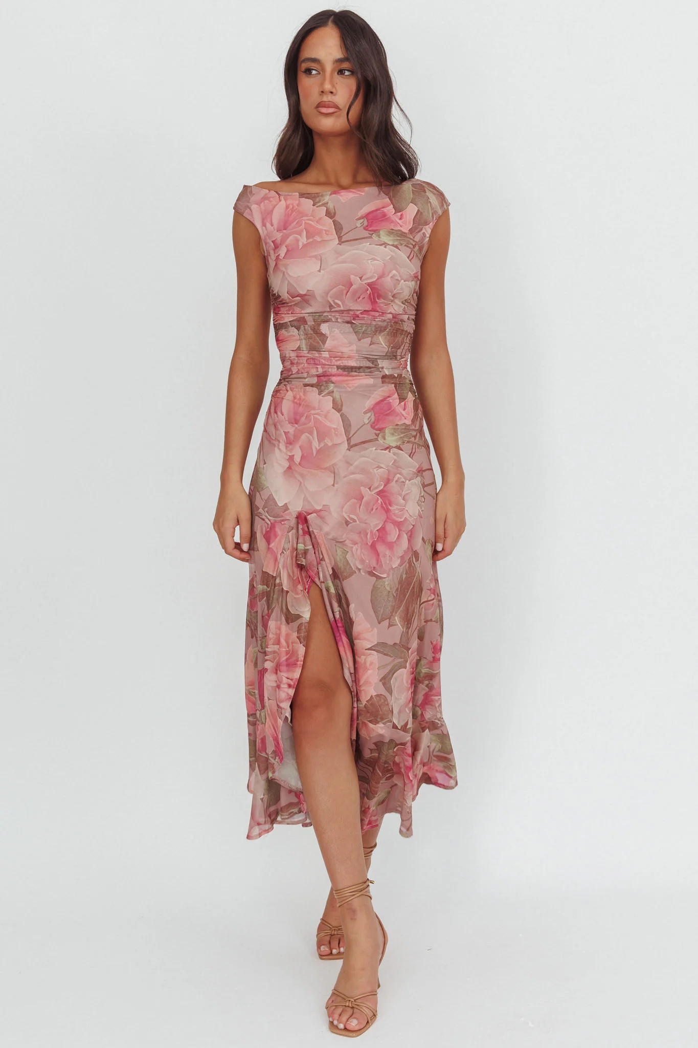 Moonlit Magic Asymmetric Neckline Maxi Dress Floral Blush