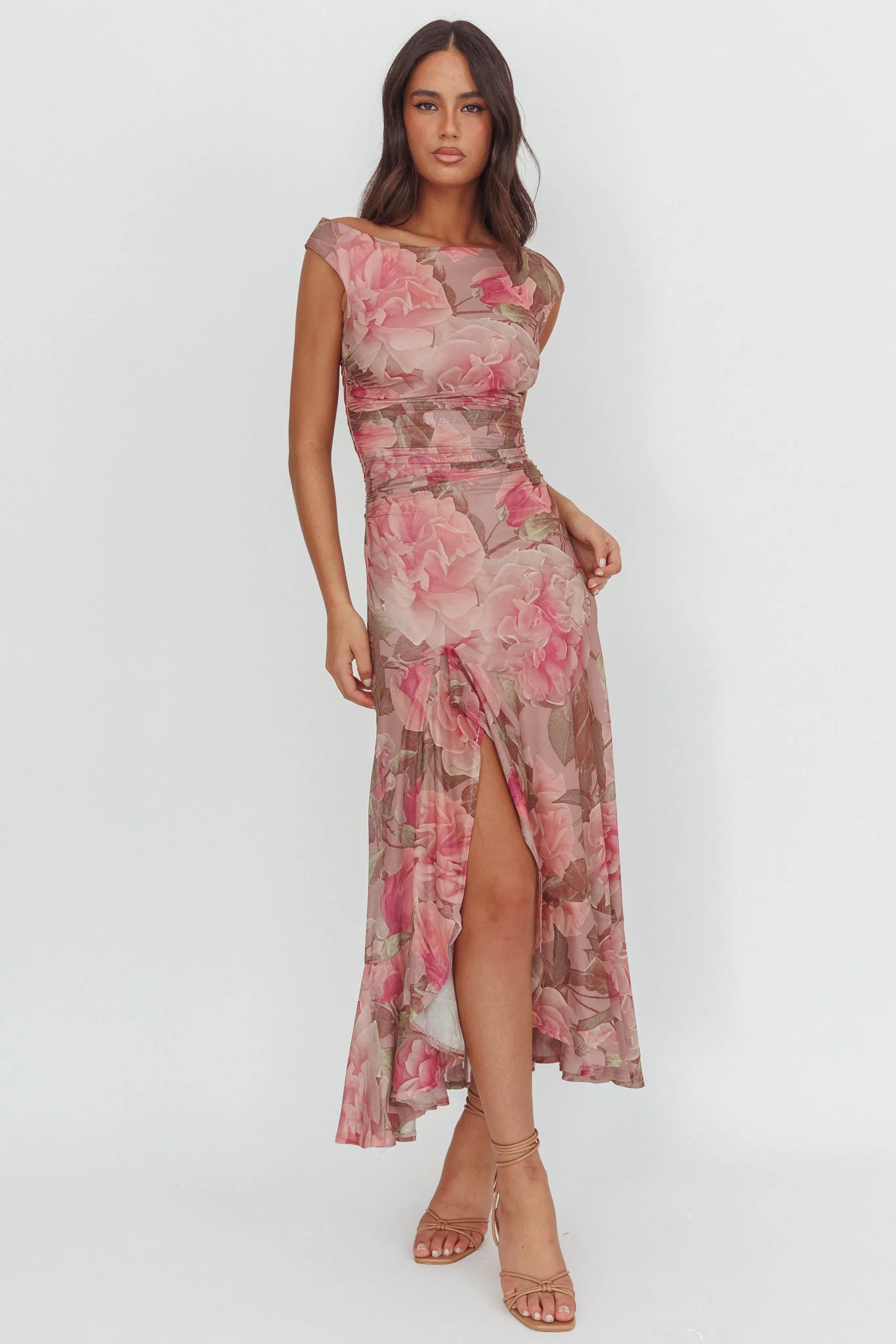 Moonlit Magic Asymmetric Neckline Maxi Dress Floral Blush