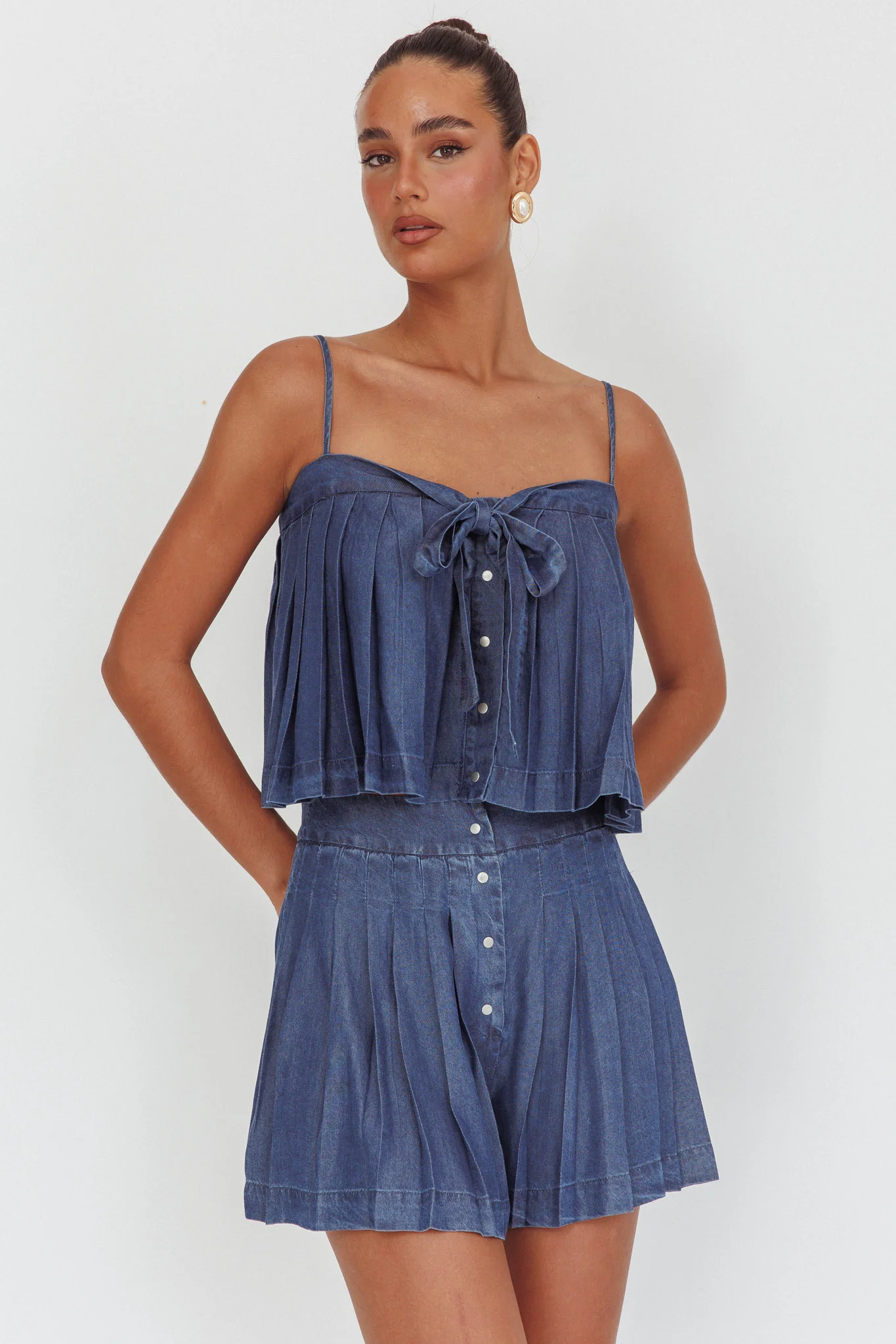 Country Girl Pleated High Waist Shorts Dark Denim