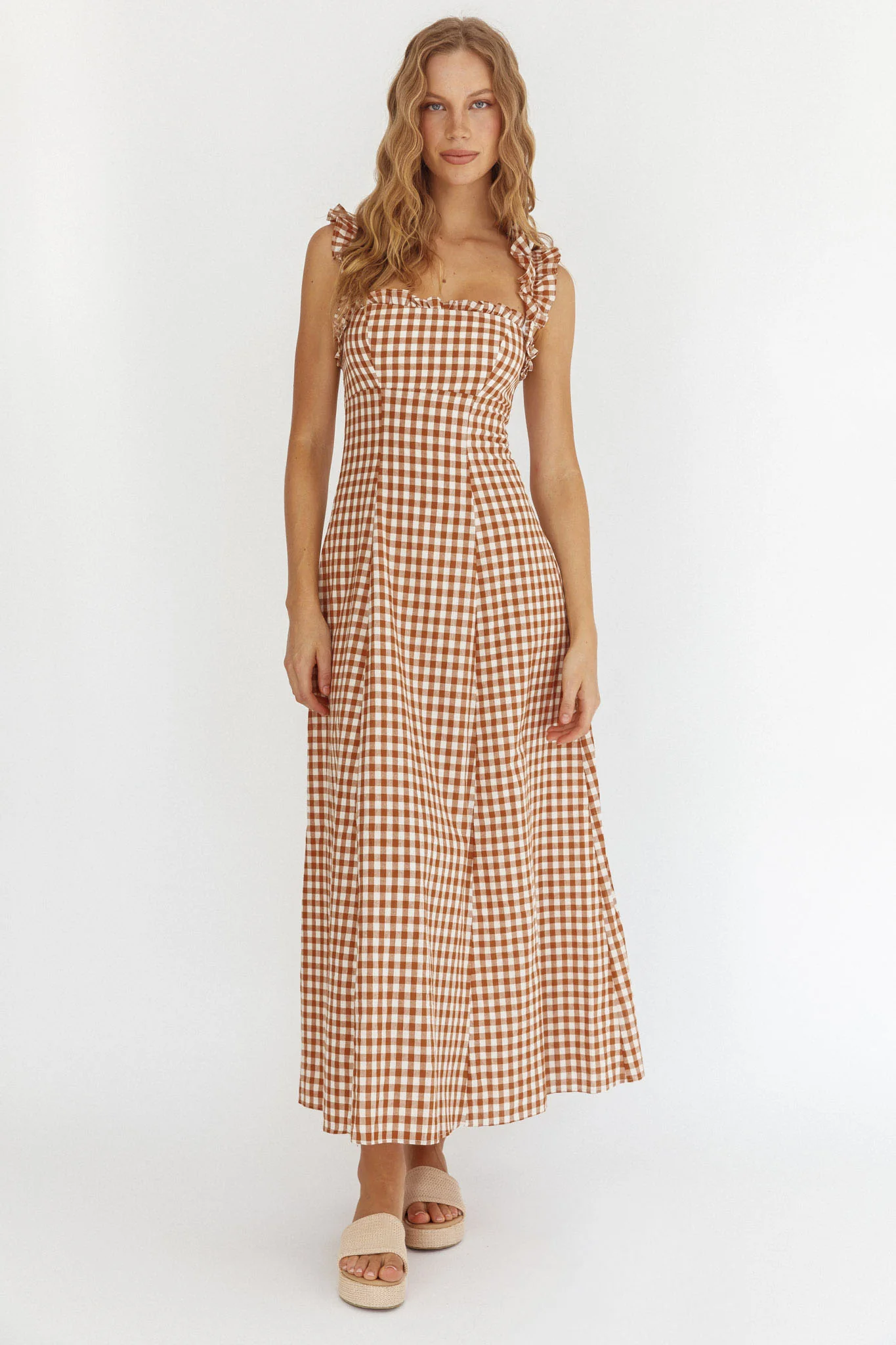 Warrior Sun Frill Strap Maxi Dress Tan Check