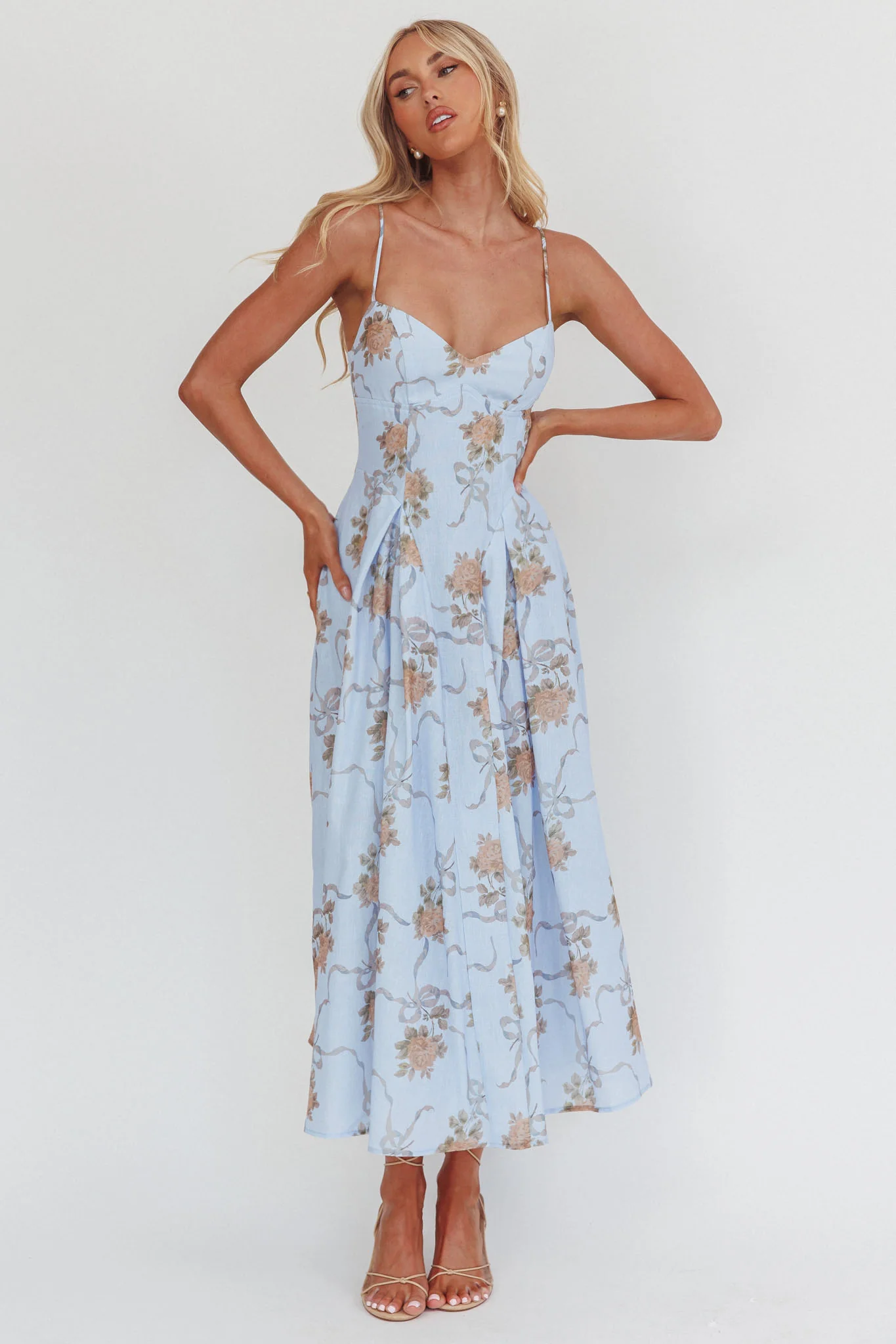 Get My Attention Pleat Waist Maxi Dress Bow Blue