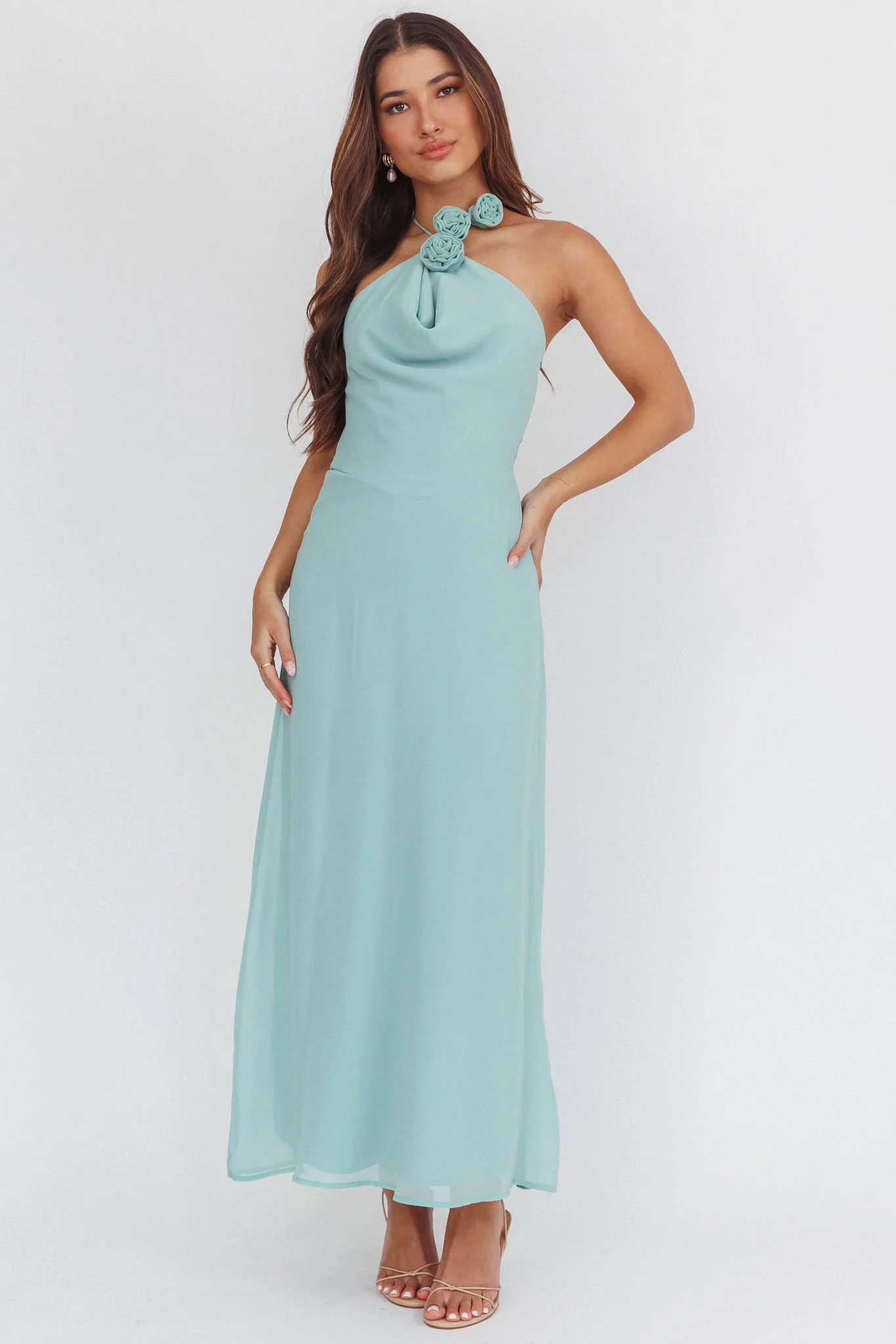 Petronilla Rosette Halterneck Maxi Dress Sage
