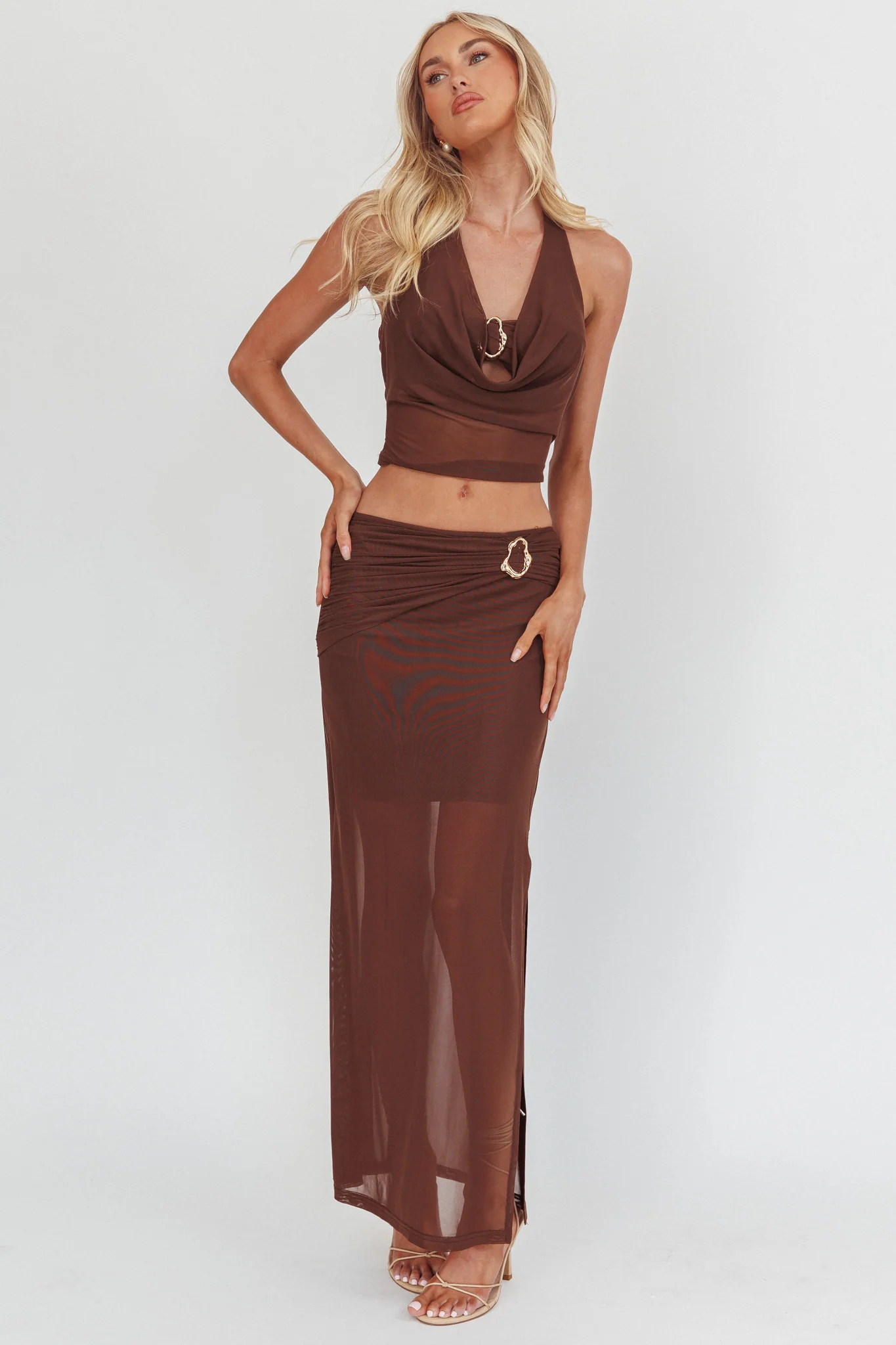 Paullina Gold Buckle Mesh Maxi Skirt Brown