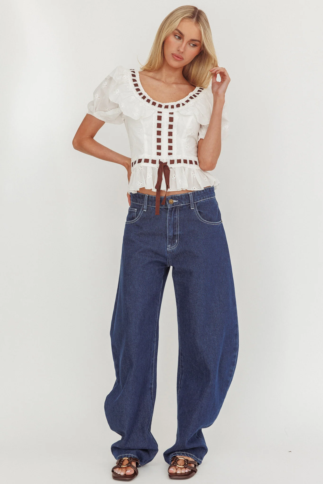 Solea Frill Collar Eyelet Top White