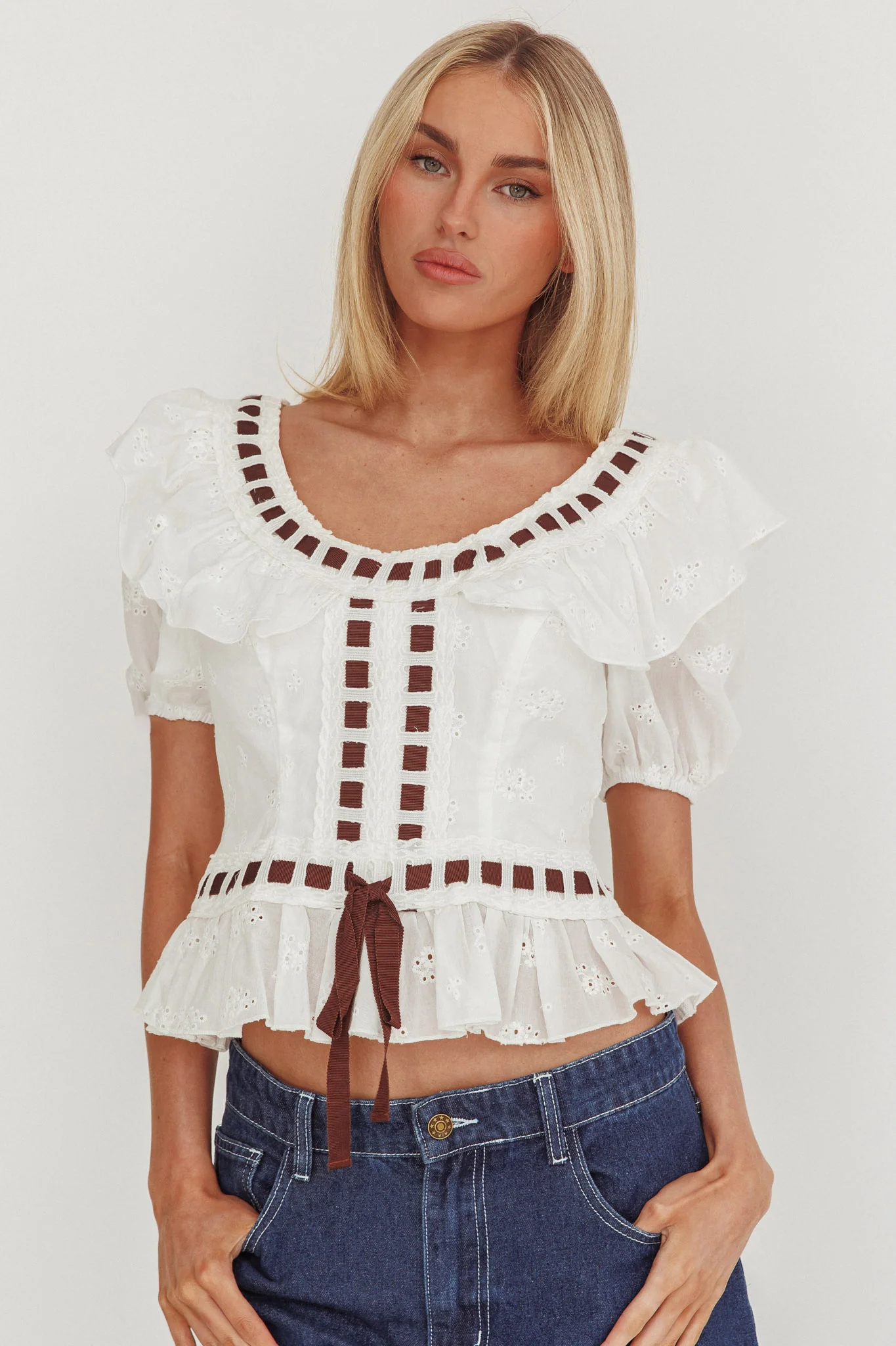 Solea Frill Collar Eyelet Top White