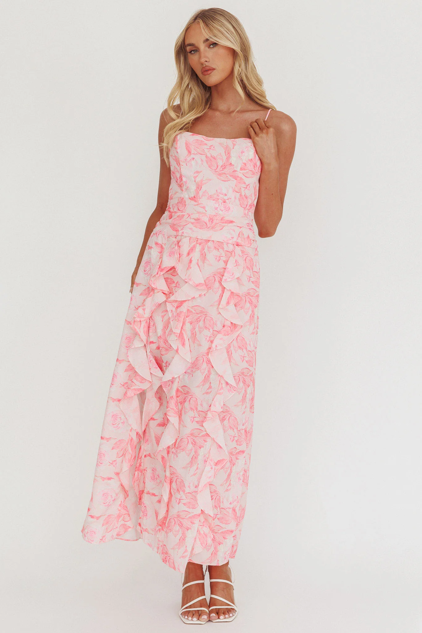 Serif Ruffle Trim Split Maxi Dress Pink