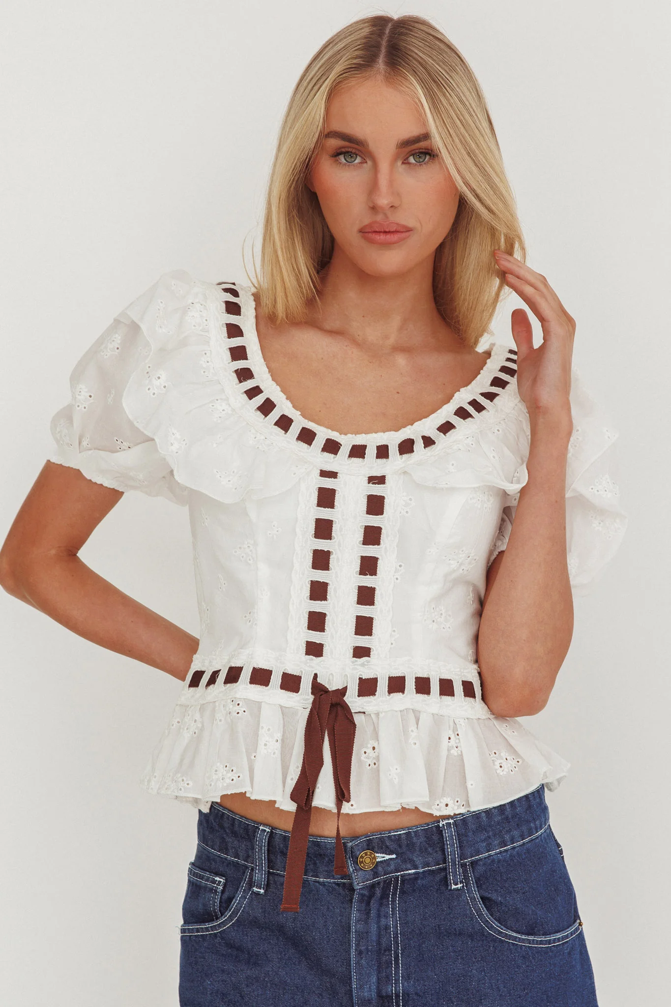 Solea Frill Collar Eyelet Top White