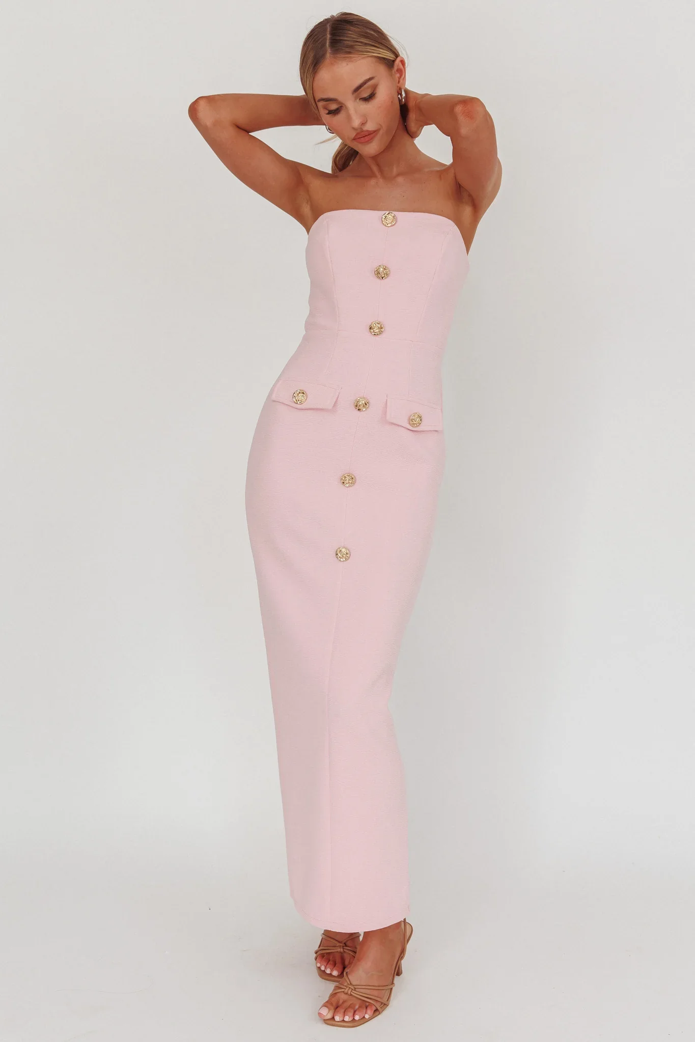 She Is Button Front Strapless Maxi Dress Pink