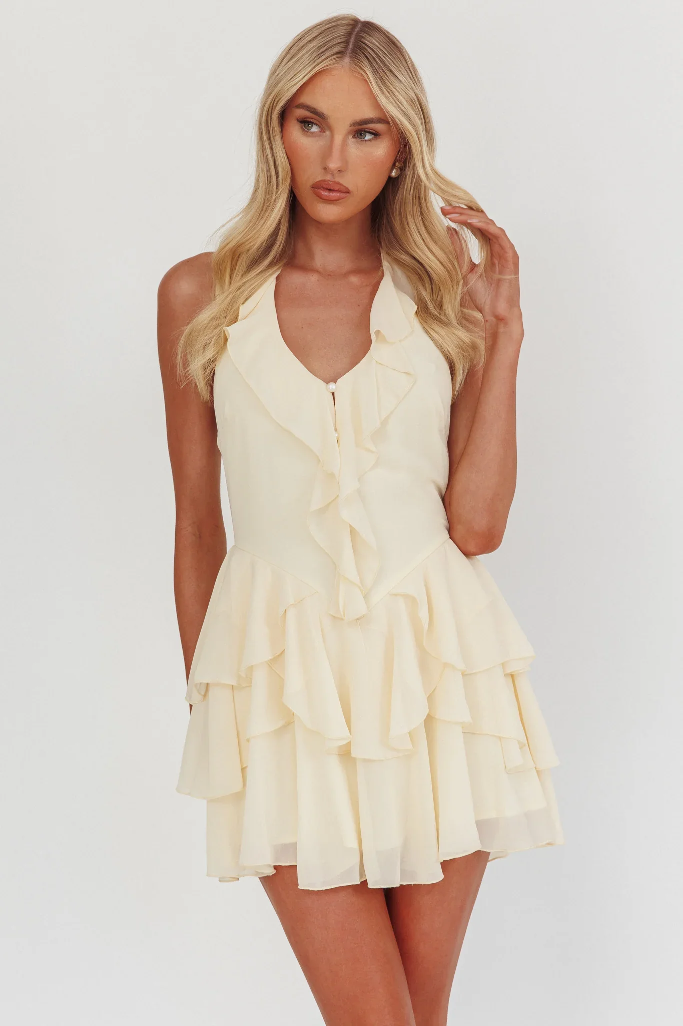 Live Loud Ruffle Layered Hem Mini Dress Cream