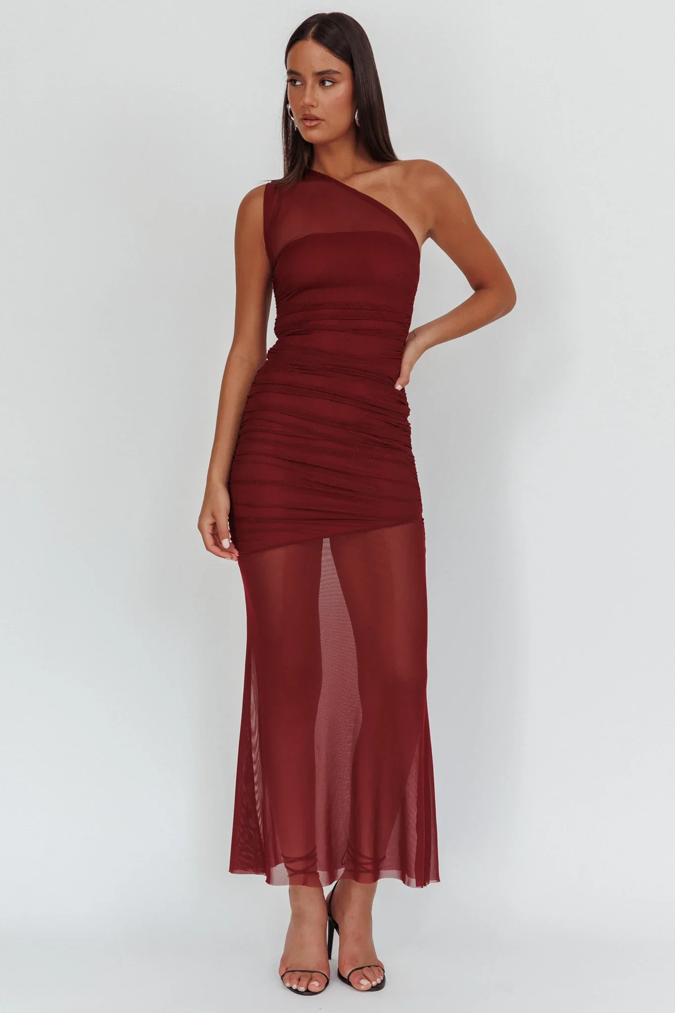 Verity One-Shoulder Sheer Maxi Dress Wine