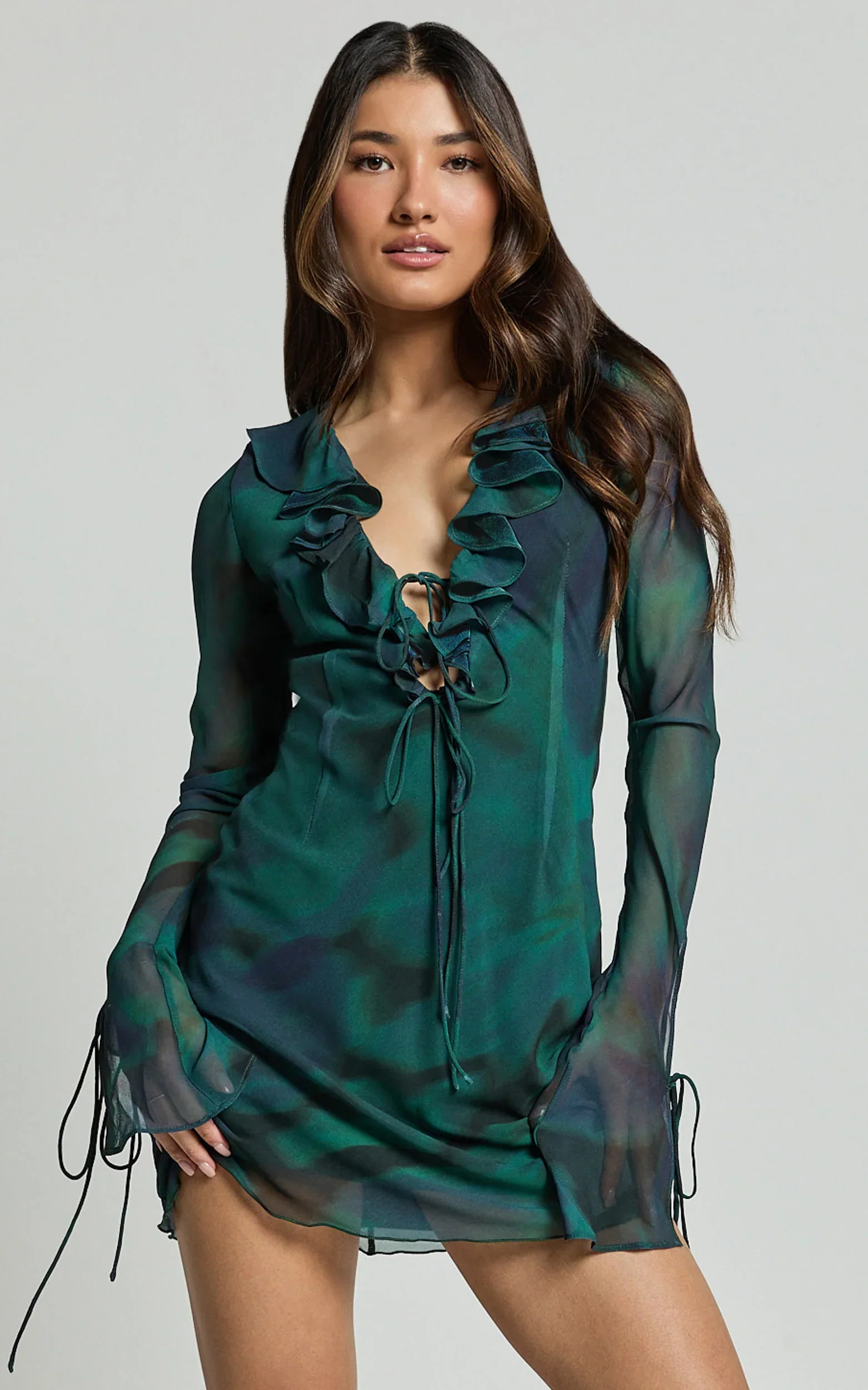 Alesya Mini Dress Ruffle Plunge Neck Long Sleeve Tie Detail Dress in Moss Adeana