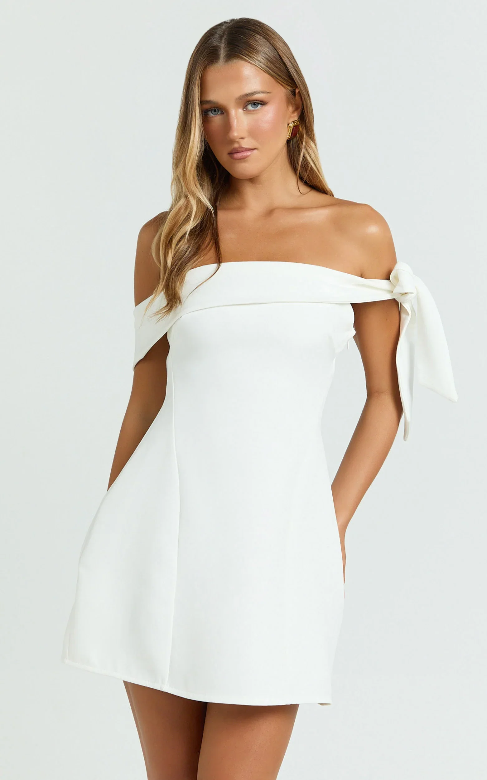 Cecilia Mini Dress Off Shoulder Tie Detail Dress in White