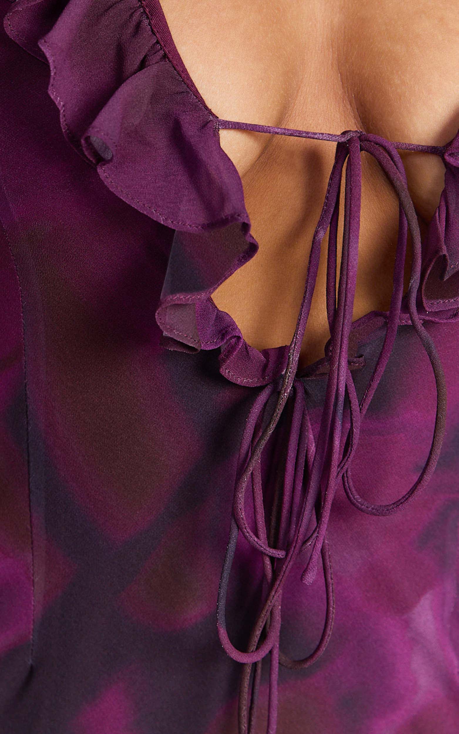 Alesya Mini Dress Ruffle Plunge Neck Long Sleeve Tie Detail Dress in Royal Adeana