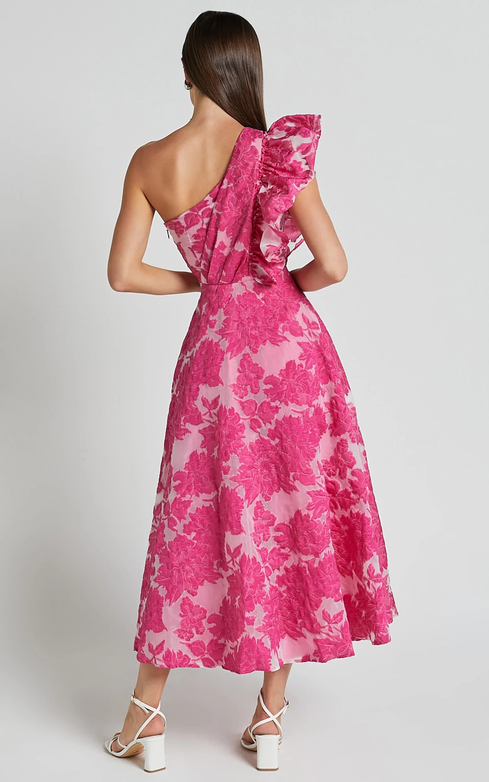 Alfreda Midi Dress One Shoulder Ruffle Detail Brailey Jacquard Dress in Pink