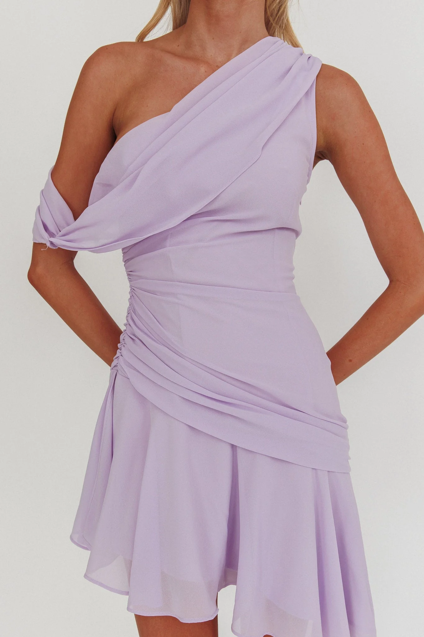 Anaisa One-Shoulder Draped Mini Dress Lilac