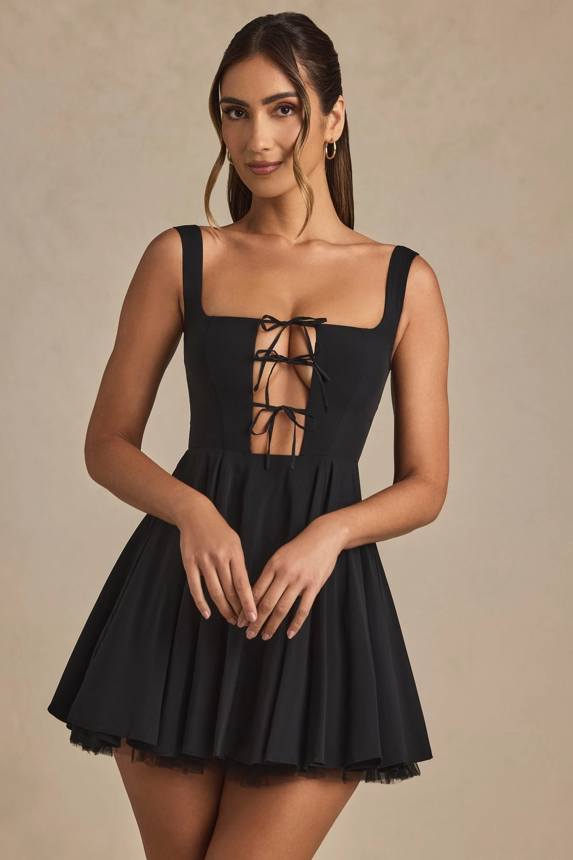 Tie-Detail A-Line Micro Mini Dress in Black