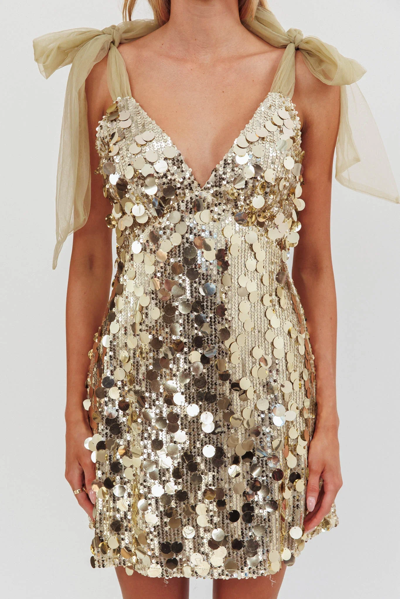Mykonos Morning Tied Shoulder Sequin Mini Dress Gold