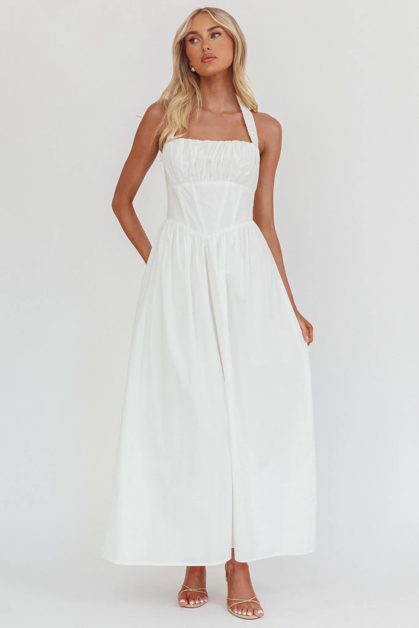 Irisa Elasticated Halter Maxi Dress White