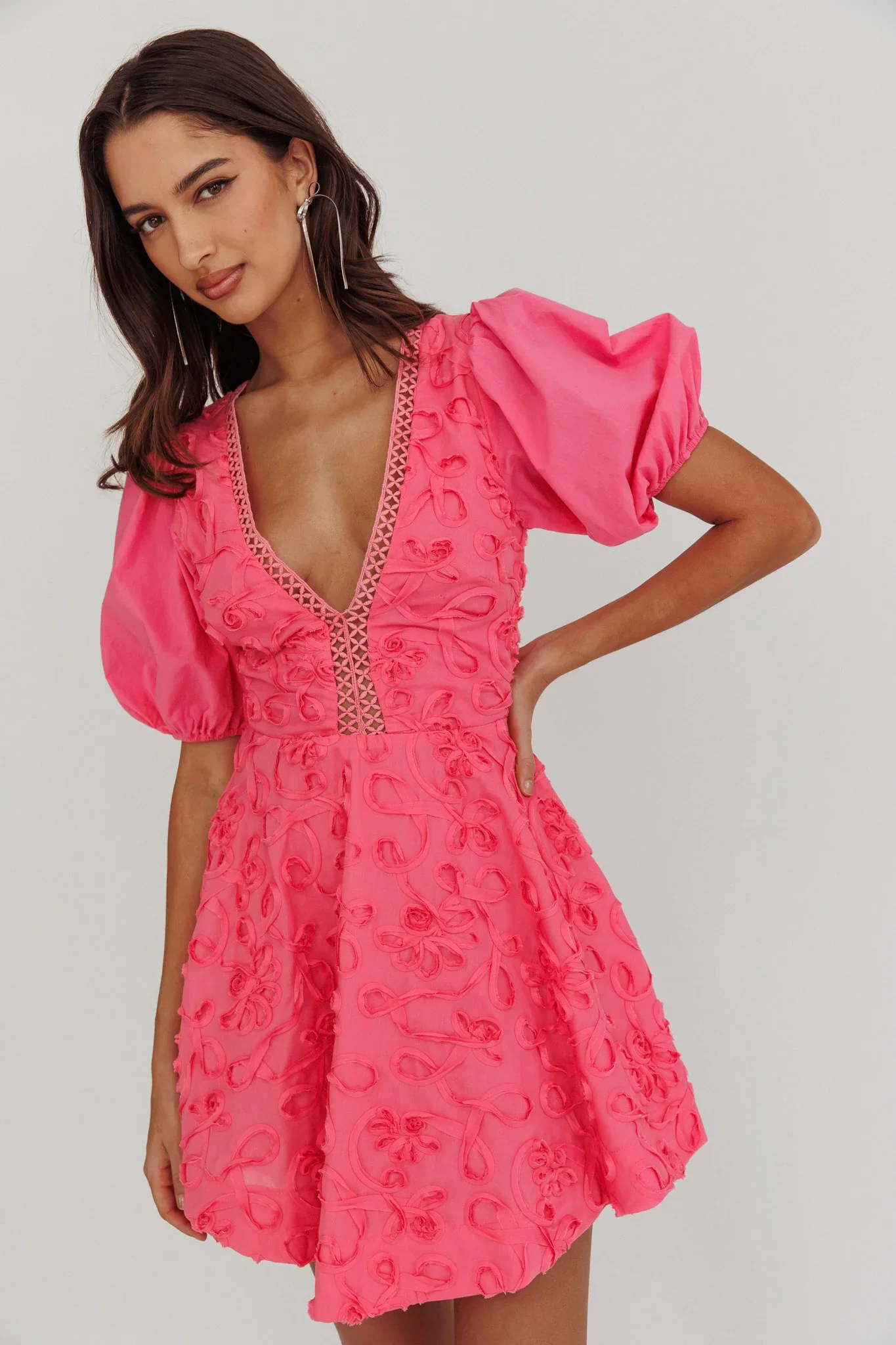 Samsara Puff Sleeve Mini Dress Hot Pink