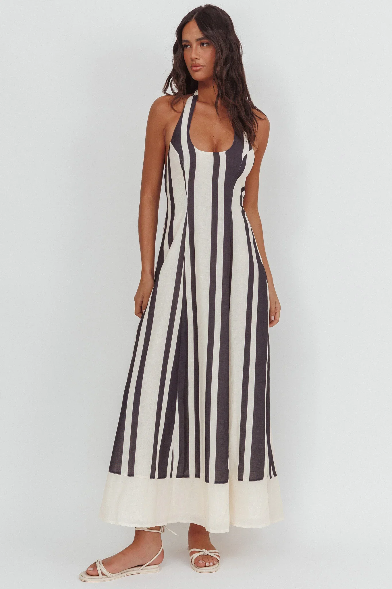 Florie Scoop Neck Halter Maxi Dress Stripe Black