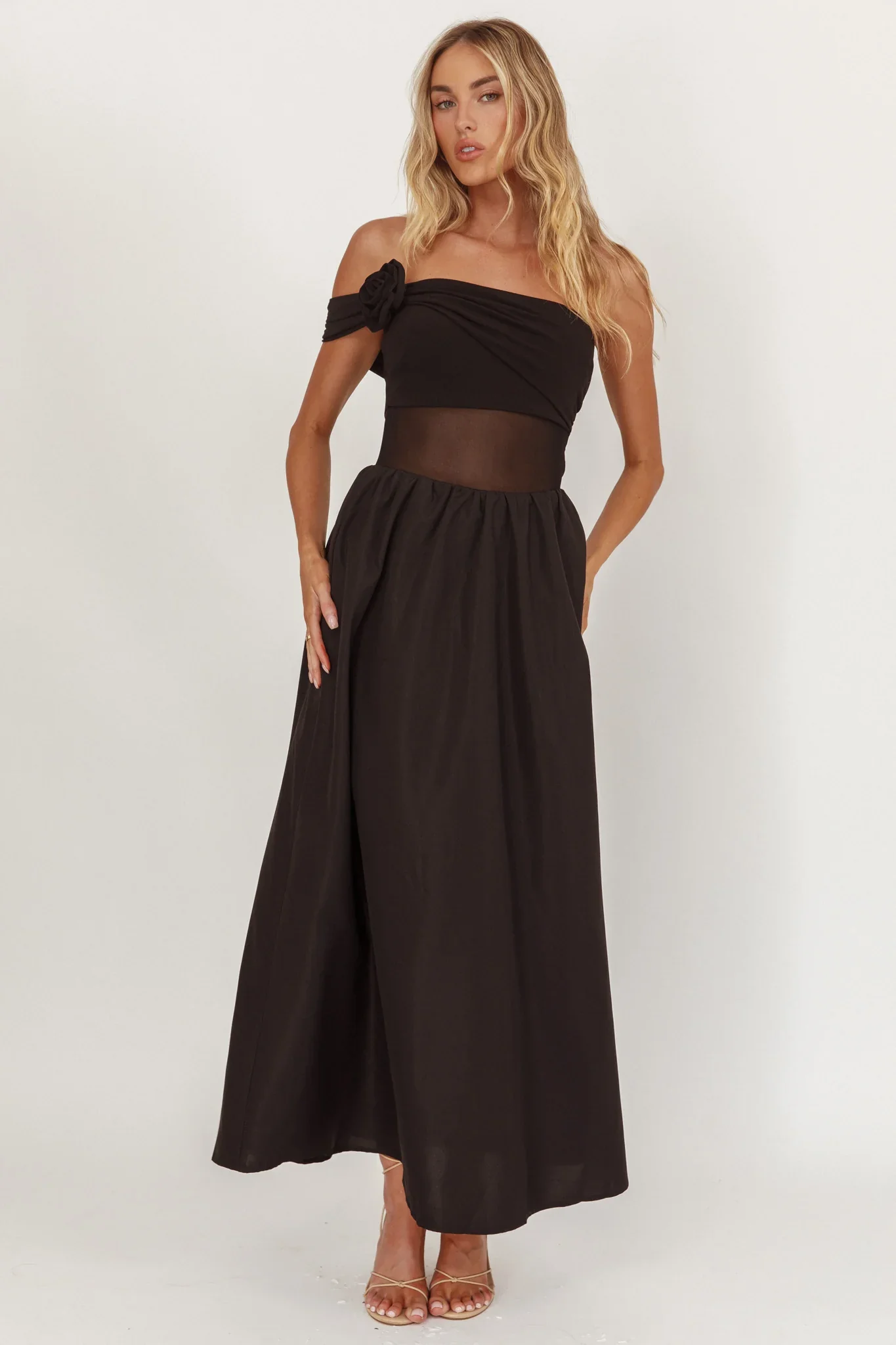 Uma One Sleeve Sheer Waist Midi Dress Black