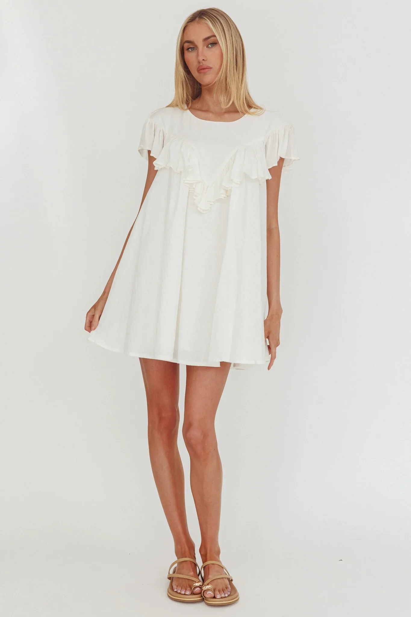 Sunshine Weekend Frill Trim Babydoll Mini Dress White