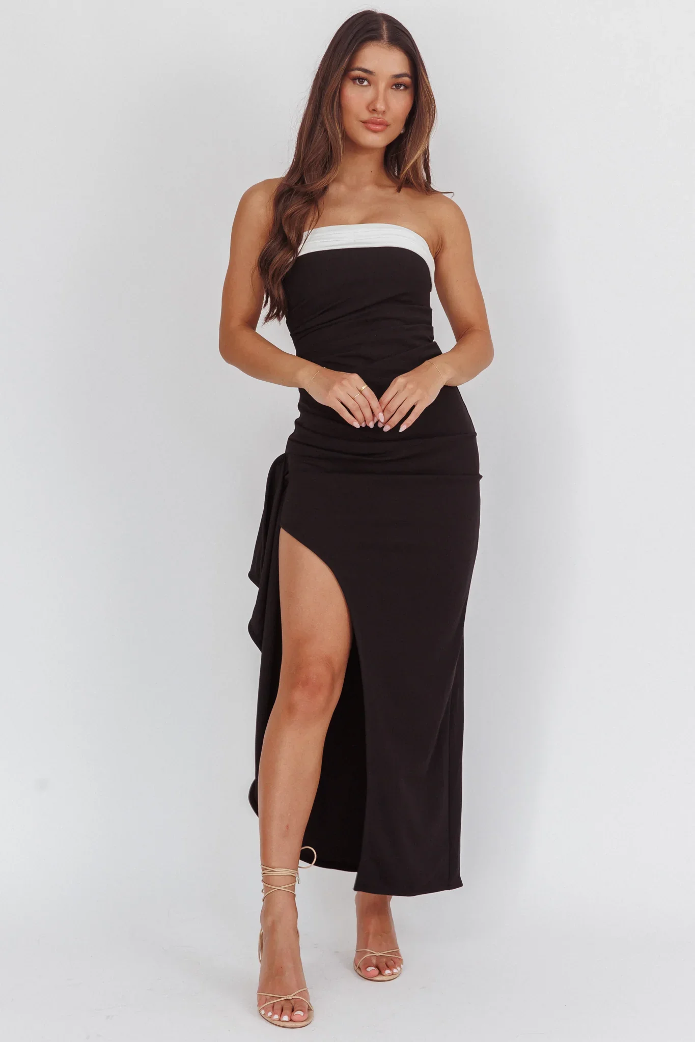Cha Cha Strapless Thigh Split Dress Contrast Black