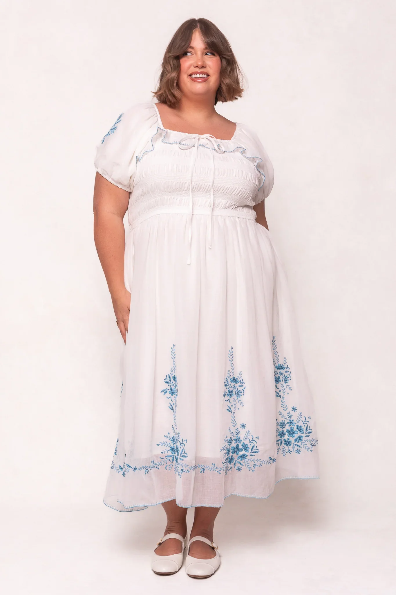 Mae Dress in White with Blue Floral
