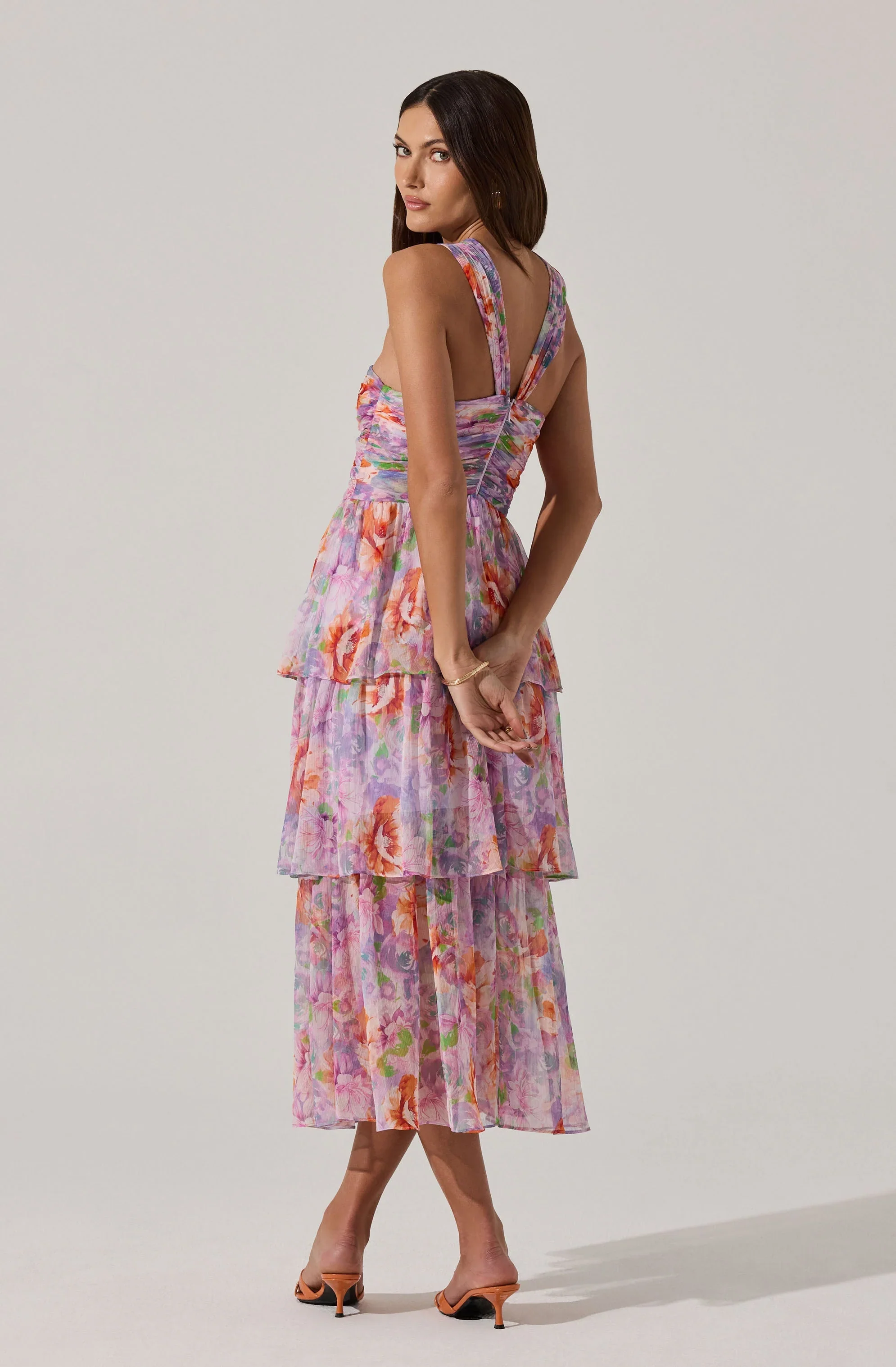Tiered Floral Cutout Midi Dress
