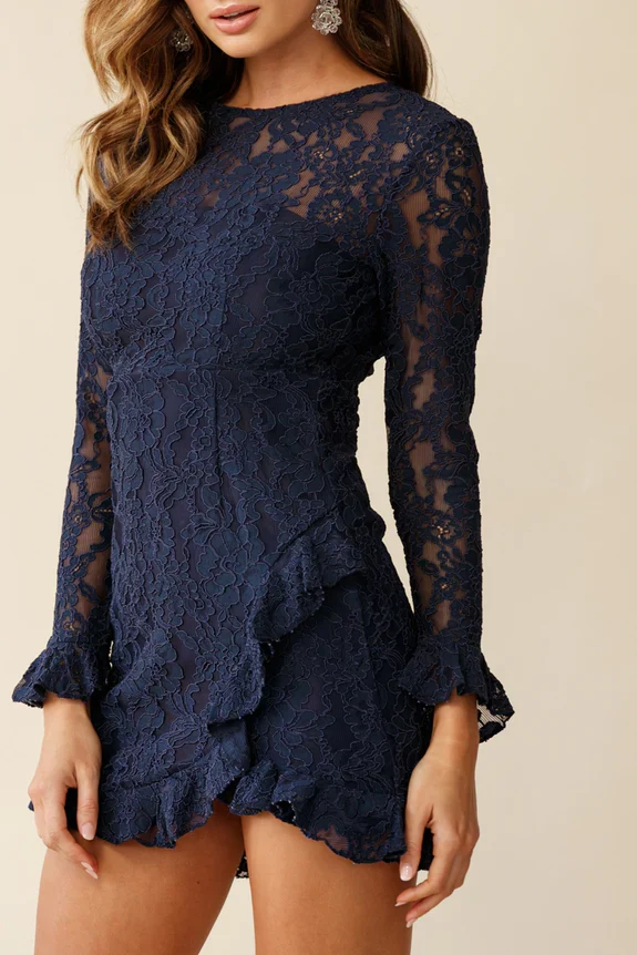 Tilly Lace Overlay Ruffle Trimmed Back Dress Navy