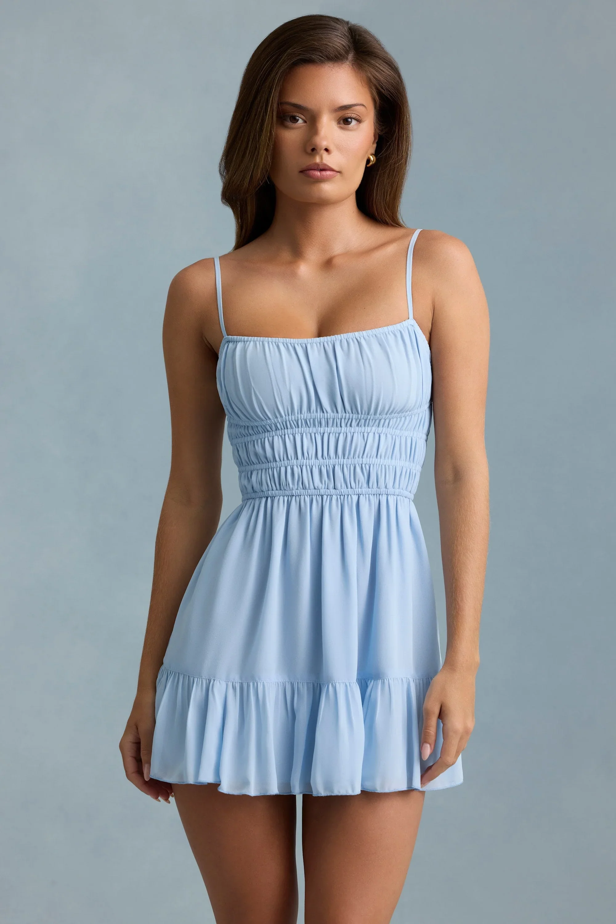 Shirred Camisole Mini Dress in Sky Blue