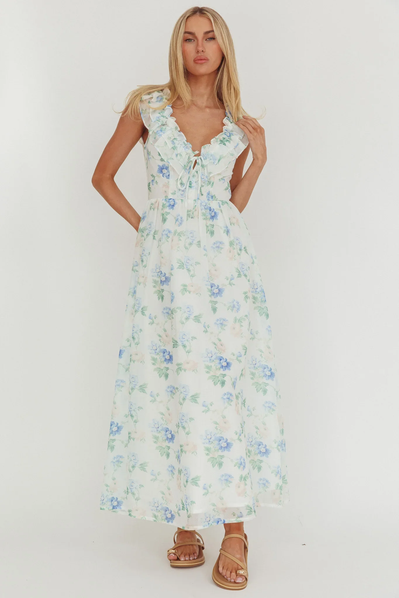 Spring Harvest Frill Neckline Maxi Dress Floral Blue