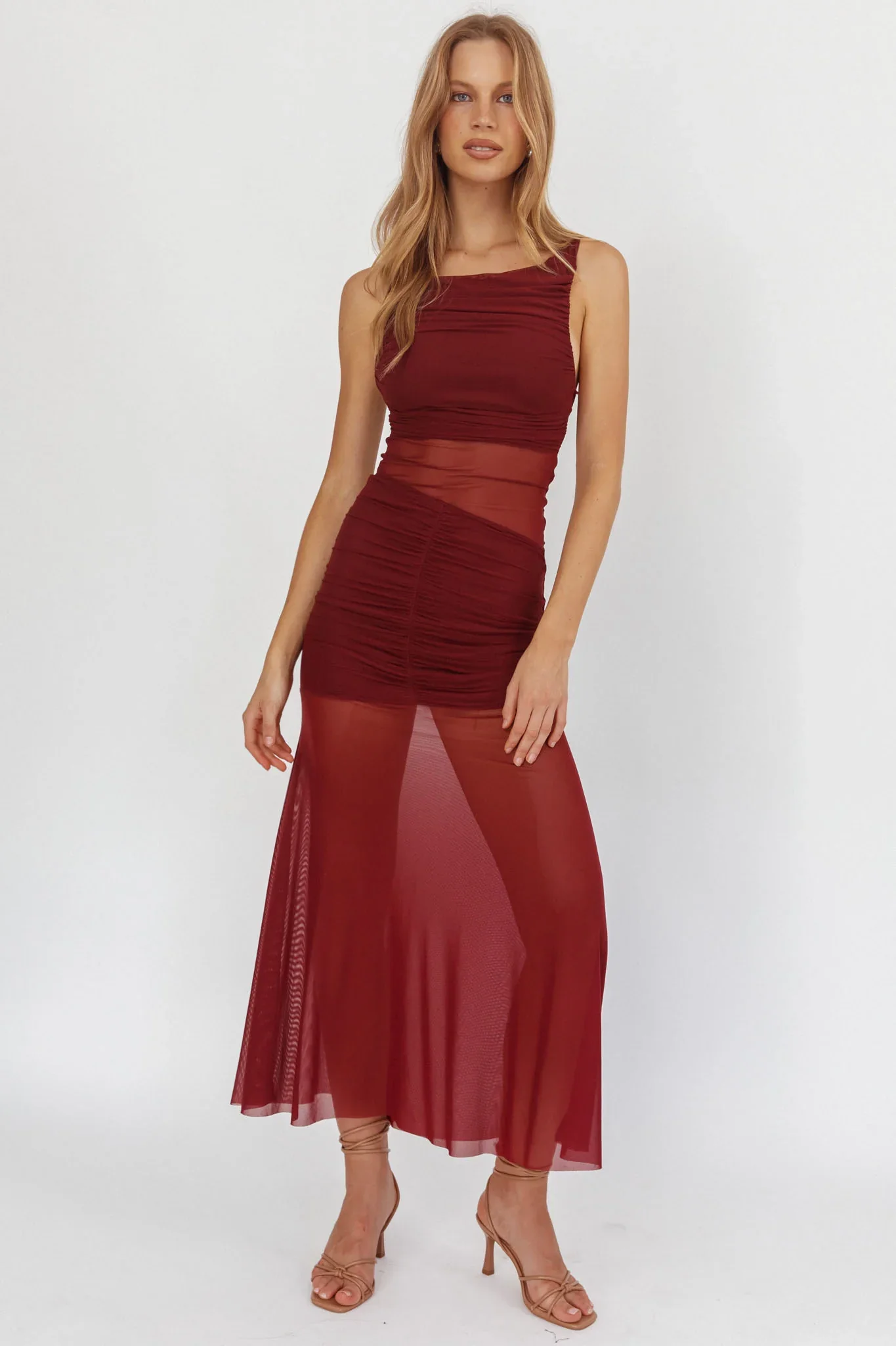 Sade Sheer Panel Ruched Maxi Dress Wine