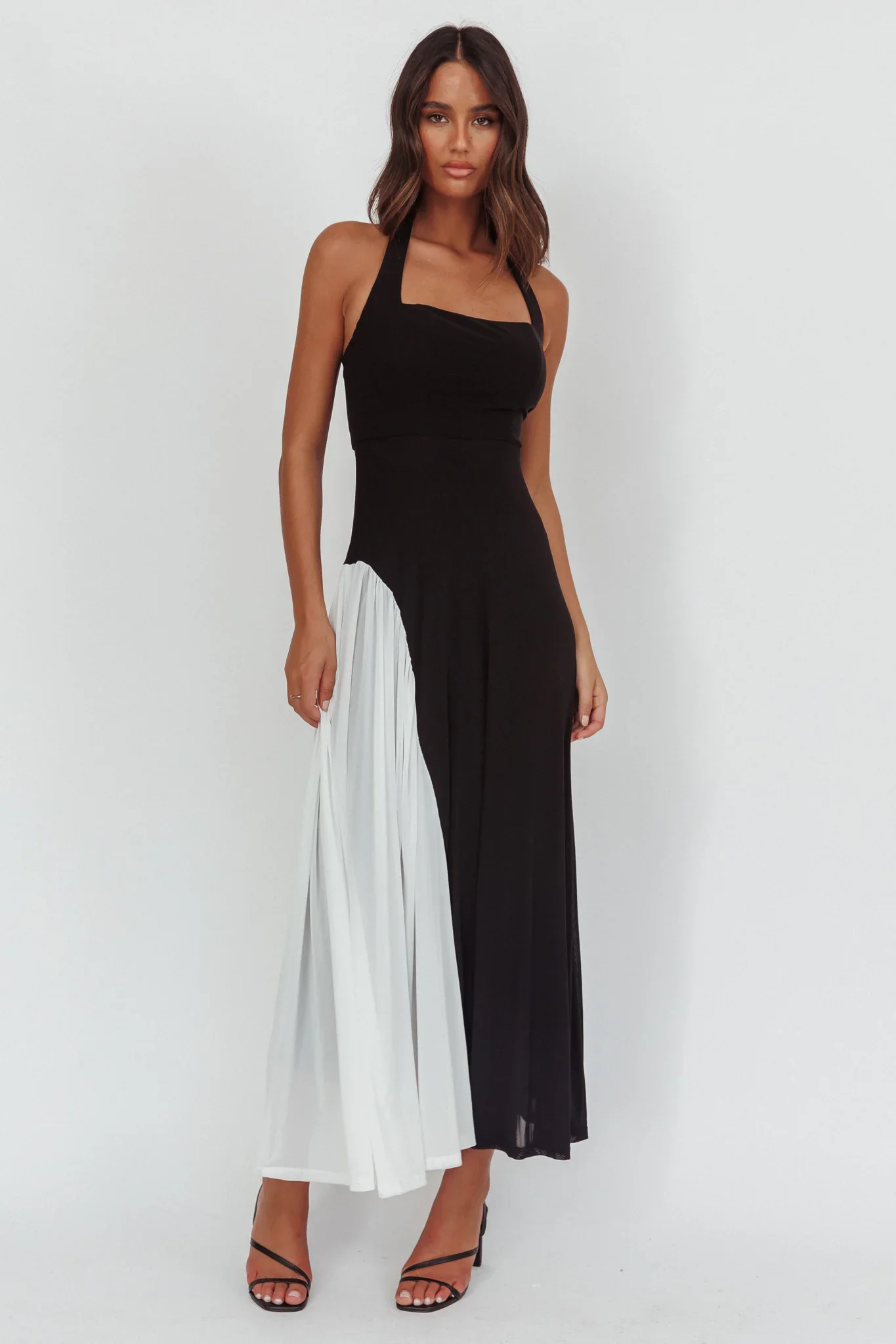 Lira Contrast Halter Maxi Dress Black White