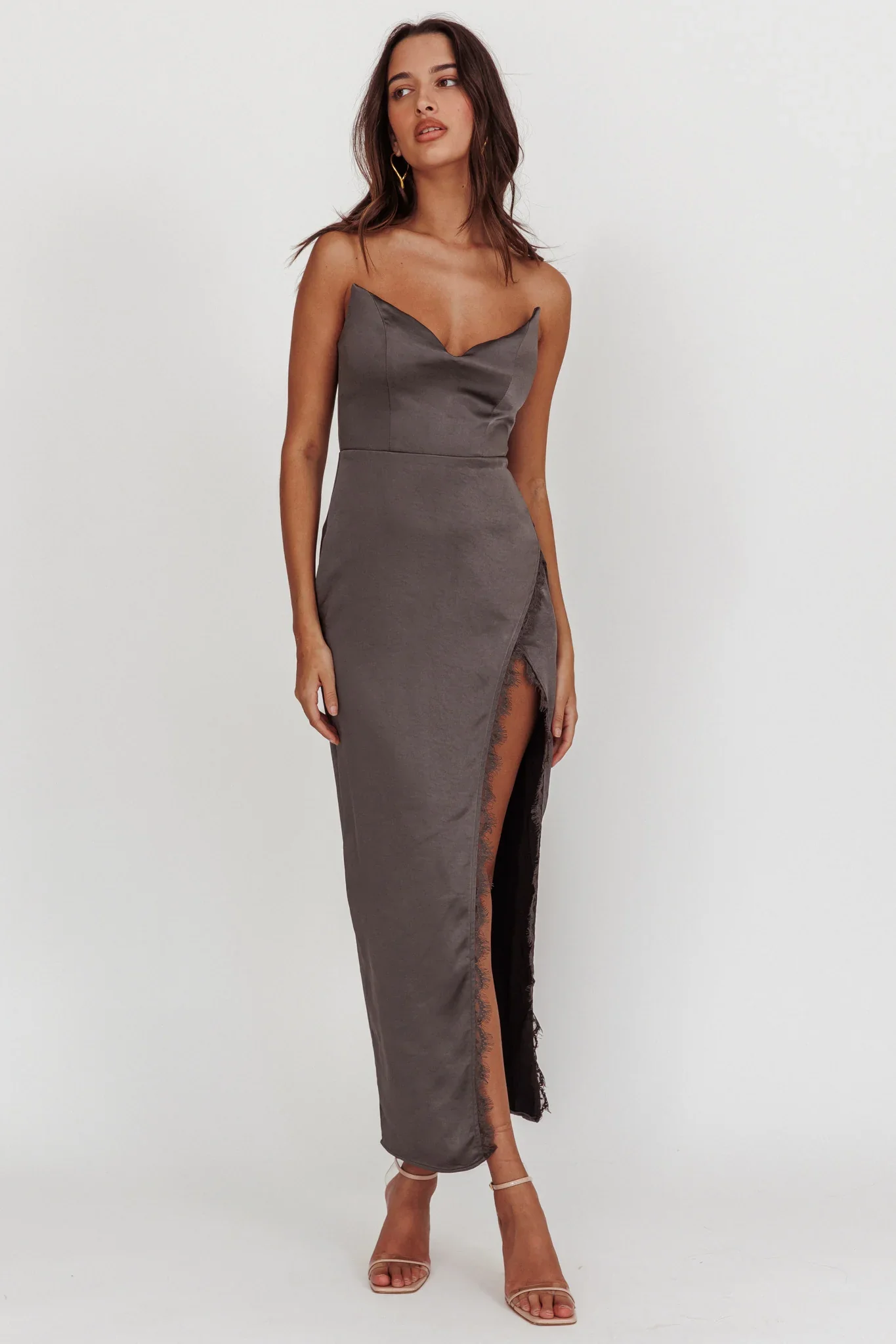 Winter Moon Strapless Lace Trim Midi Dress Charcoal